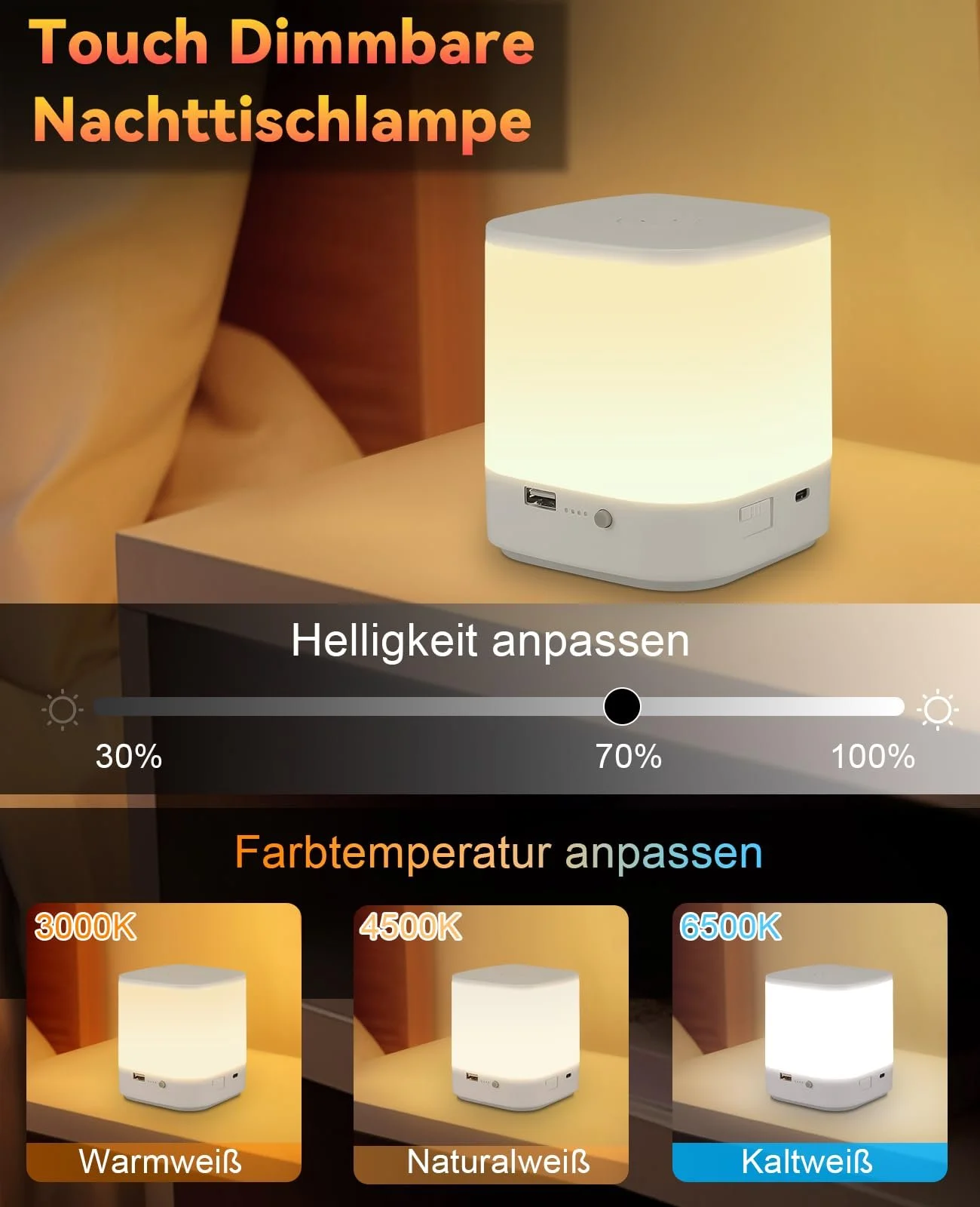 Лампа нічна Homefire LED сенсорна акумуляторна 3 колірні температури з таймером біла, фото №2