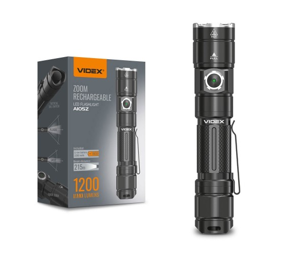 Ліхтар ручний Videx A105Z Black 1200 лм 5000K до 215 м 6 режимів роботи лінзи із загартованого скла світлодіод Luminus SST40 10W акумулятор 18650 2200 mAh знімний IP44 93 г (VLF-A105Z), фото №2