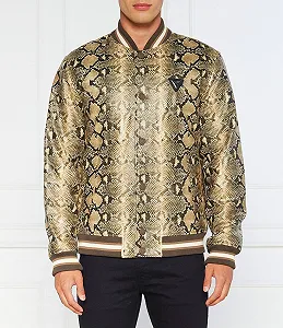 Чоловіча шкіряна куртка-бомбер GUESS - Python Print Коричнева - L synthetic.ua - Фото 1