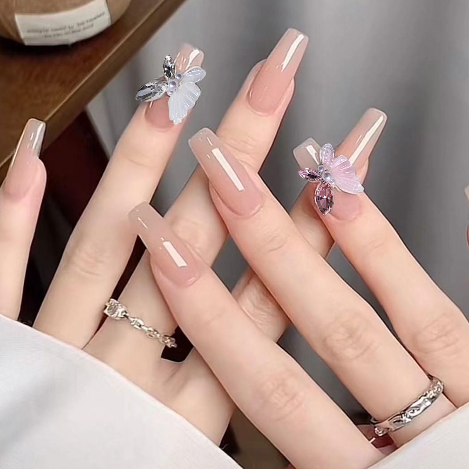 Стрази для нігтів Метелики, Набір Рожеві Білі Метелики, 3D, фото №4