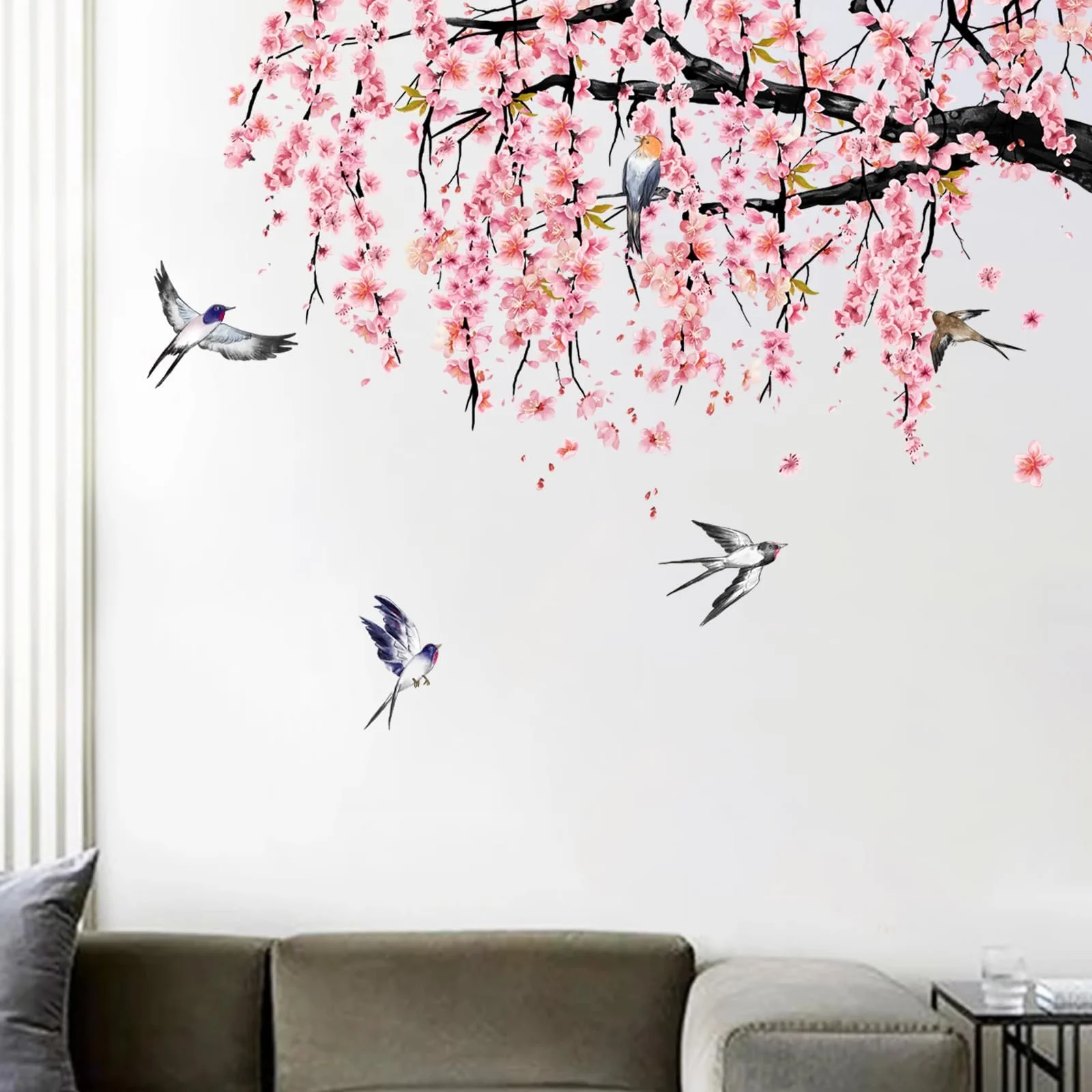 Наклейка на стіну Watercolour Cherry Blossom Birds Pink Tree Branch велика Рожевий, фото №5