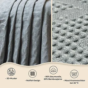 Покривало Loomvia 200 x 220 см, 80% бавовни, 20% бамбука, вафельний вигляд, антрацит synthetic.ua - Фото 1