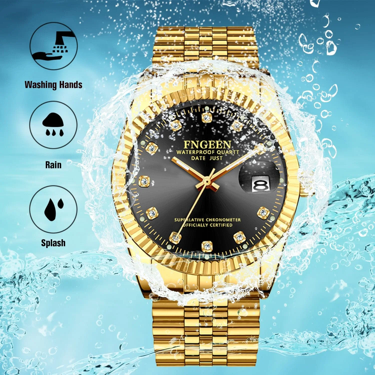 Мужские часы Avaner Золотые наручные часы: Мужские часы со шкалой со стразами Люминесцентные стрелки Аналоговые кварцевые часы с ремешком из нержавеющей стали для мужчин, фото №3