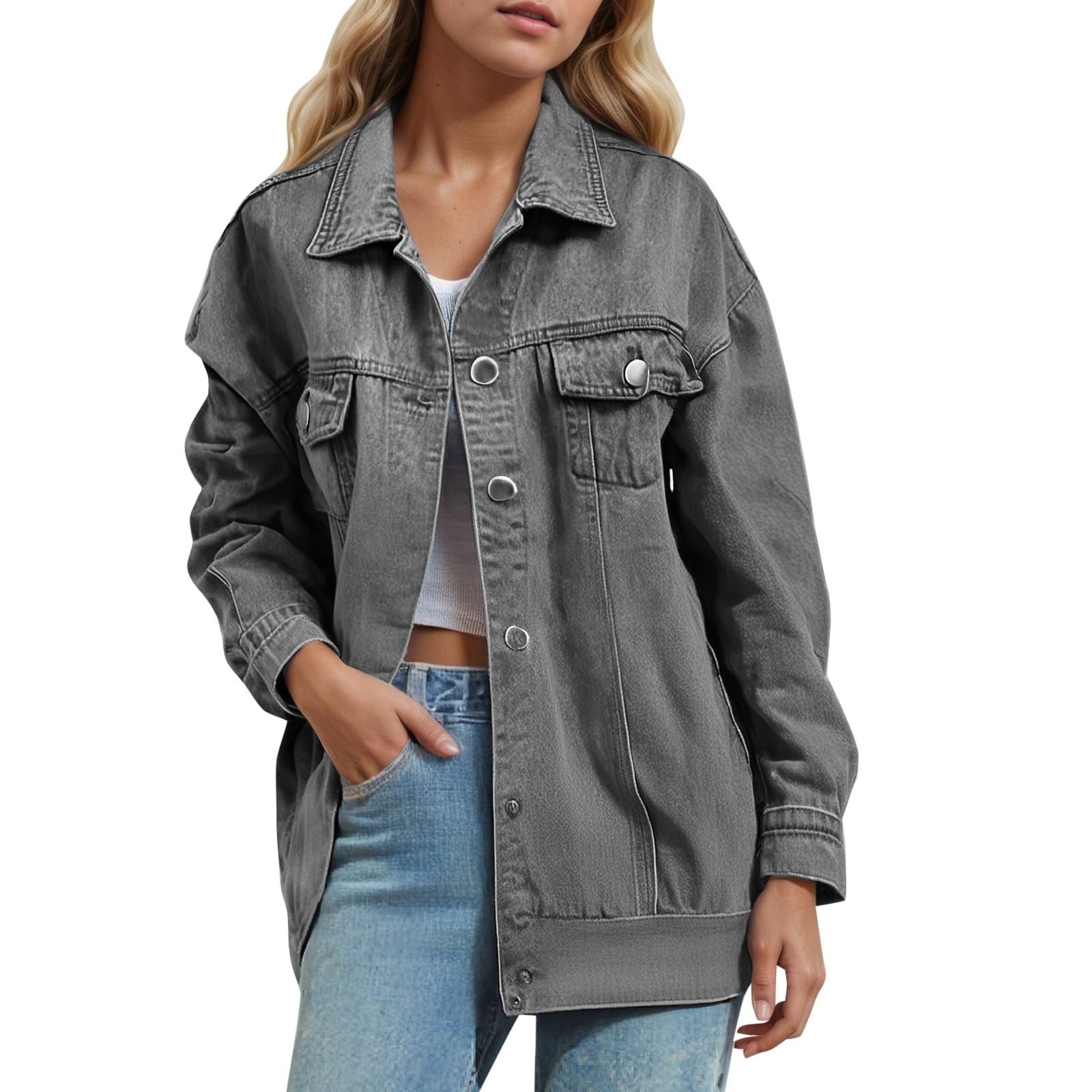 Джинсова куртка Generisch Authentics Oversize, жіноча, з довгими рукавами, коротка, з кишенями, фото №1