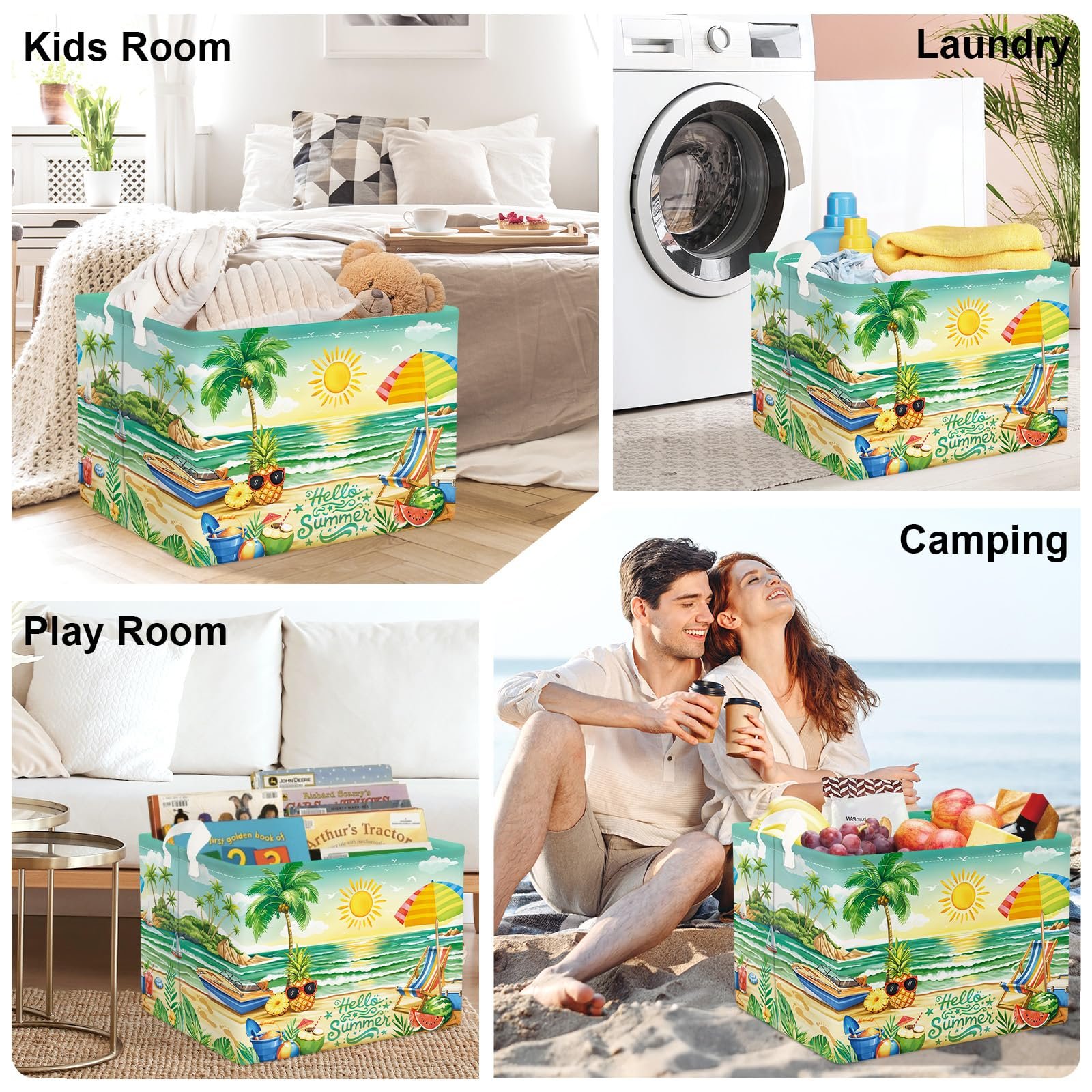 Корзина HUUMONSS Летний Тропический Пляж Детская для игрушек Складная для Мальчиков Девочек, Зеленый, 36 л, фото №7