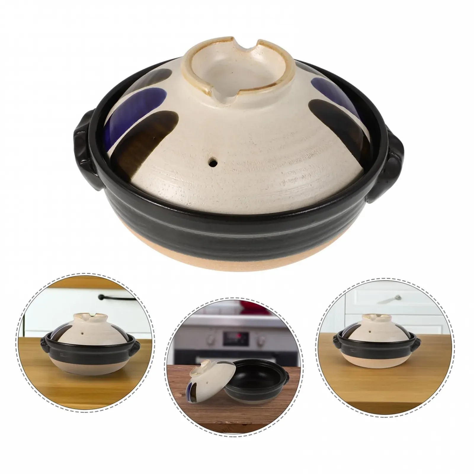 Кастрюля-жаровня VALICLUD керамическая с крышкой маленькая винтажная с двумя ручками термостойкая Серо-молочный, фото №7