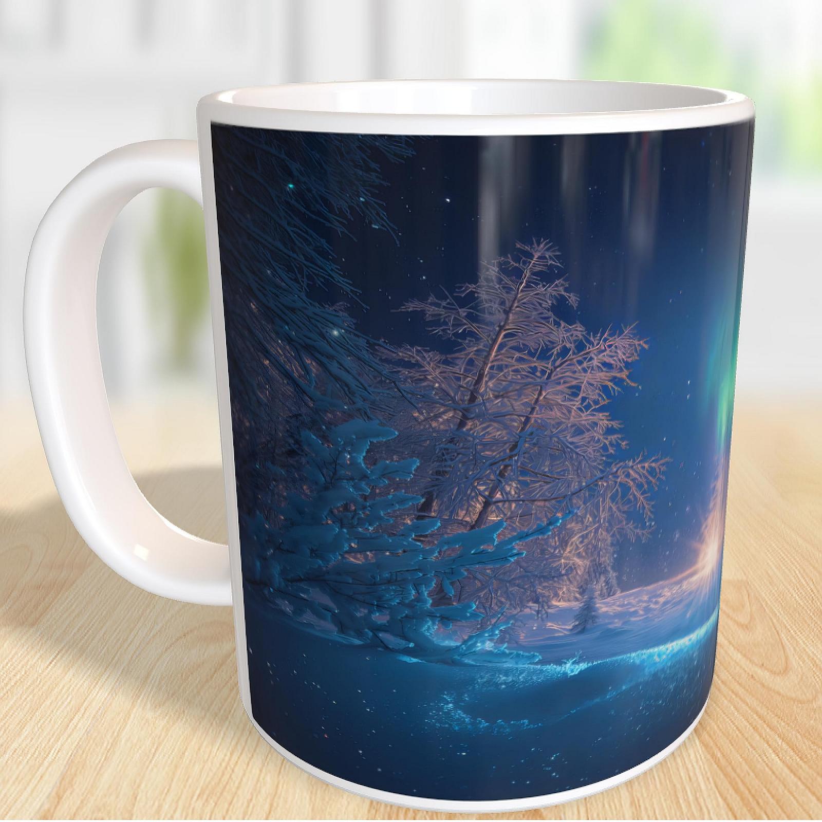 Кружка 330 мл Mug Print Aurora Borealis Winter Forest Snow Sunrise Керамическая кофейная кружка Подарочная идея Forest Sun Moon Northern Lights Sun Moon Stars Glitter, фото №3