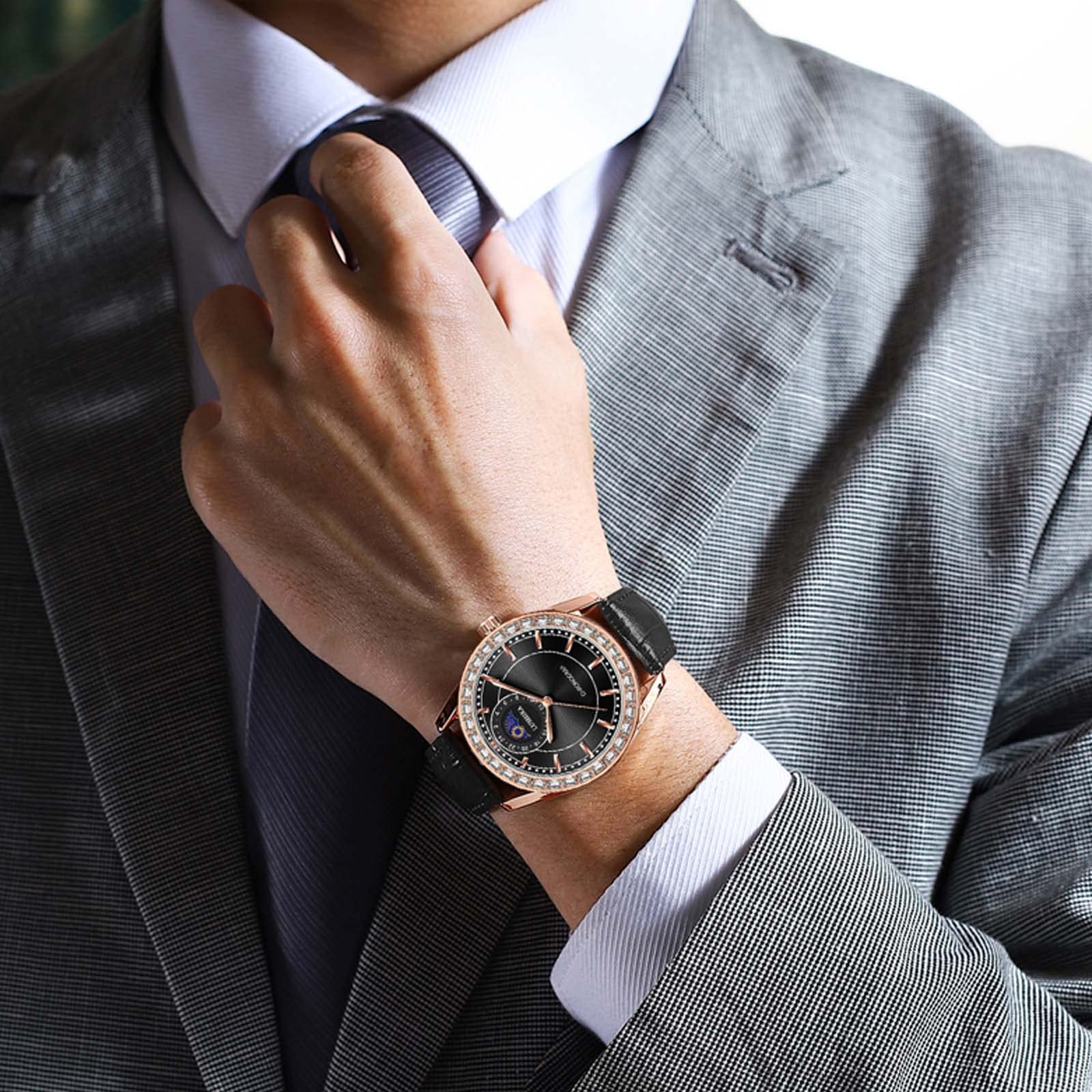 Часы rorios Мужские Аналоговые Кварцевые Бизнес Люминесцентные Водонепроницаемые Алмазный Циферблат Кожаный Ремешок Фазы Луны, фото №7