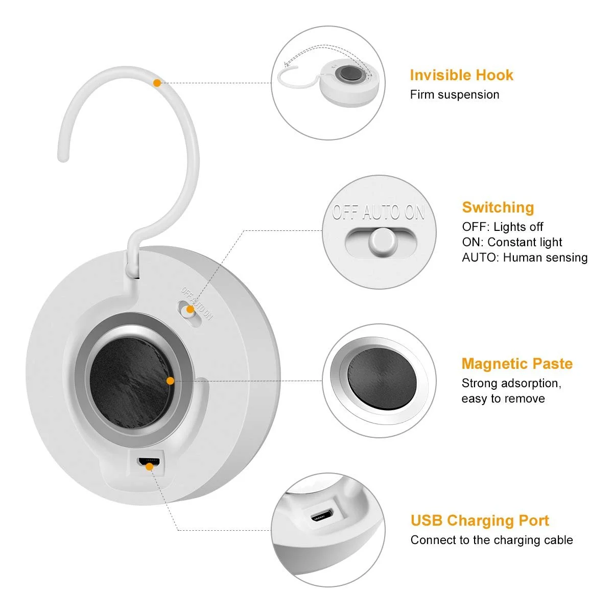 Нічний світильник з датчиком руху ELZO акумуляторний бездротовий світлодіодний з гачком та магнітом теплий білий, фото №3