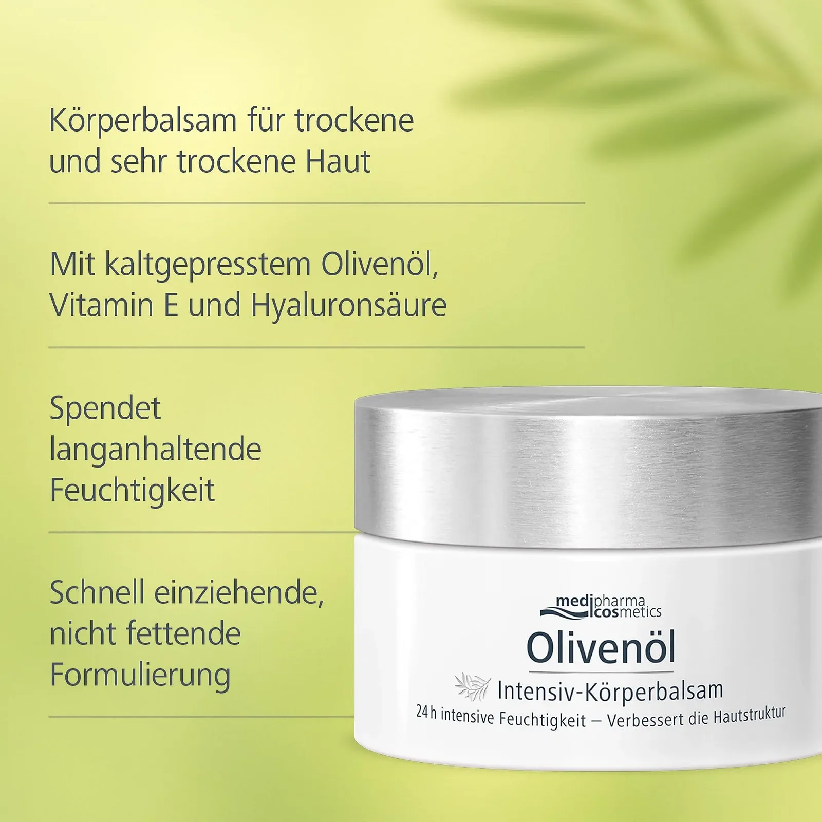 Бальзам для тіла Medipharma Cosmetics Olive Oil Intensive з оливковою олією, вітаміном Е та гіалуроновою кислотою, 250 мл, фото №3