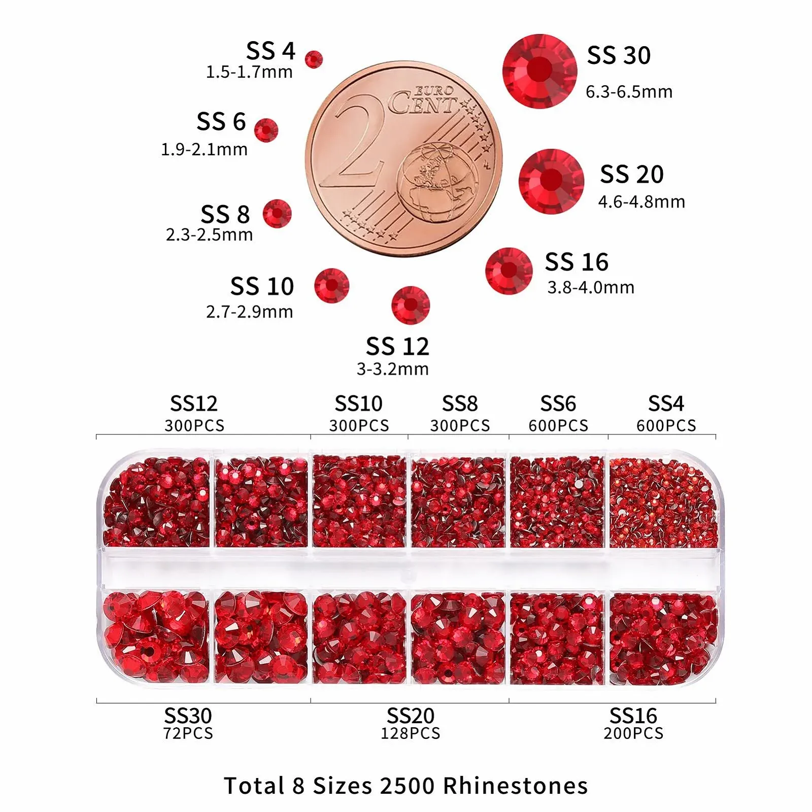 Стрази Beadsland круглі Червоний 2500шт, розміри SS4 ~ SS30, фото №2