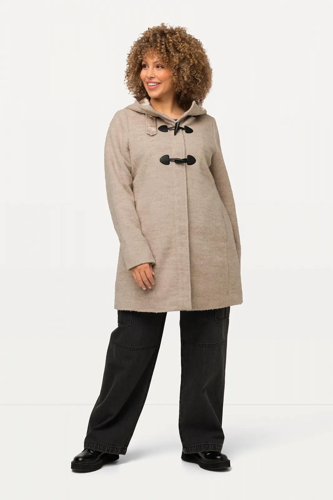 Дафлкот Ulla Popken A-силуету, Суміш Вовни, Капюшон, Ґудзики-Клеванти, Довгий Рукав 825502, фото №2