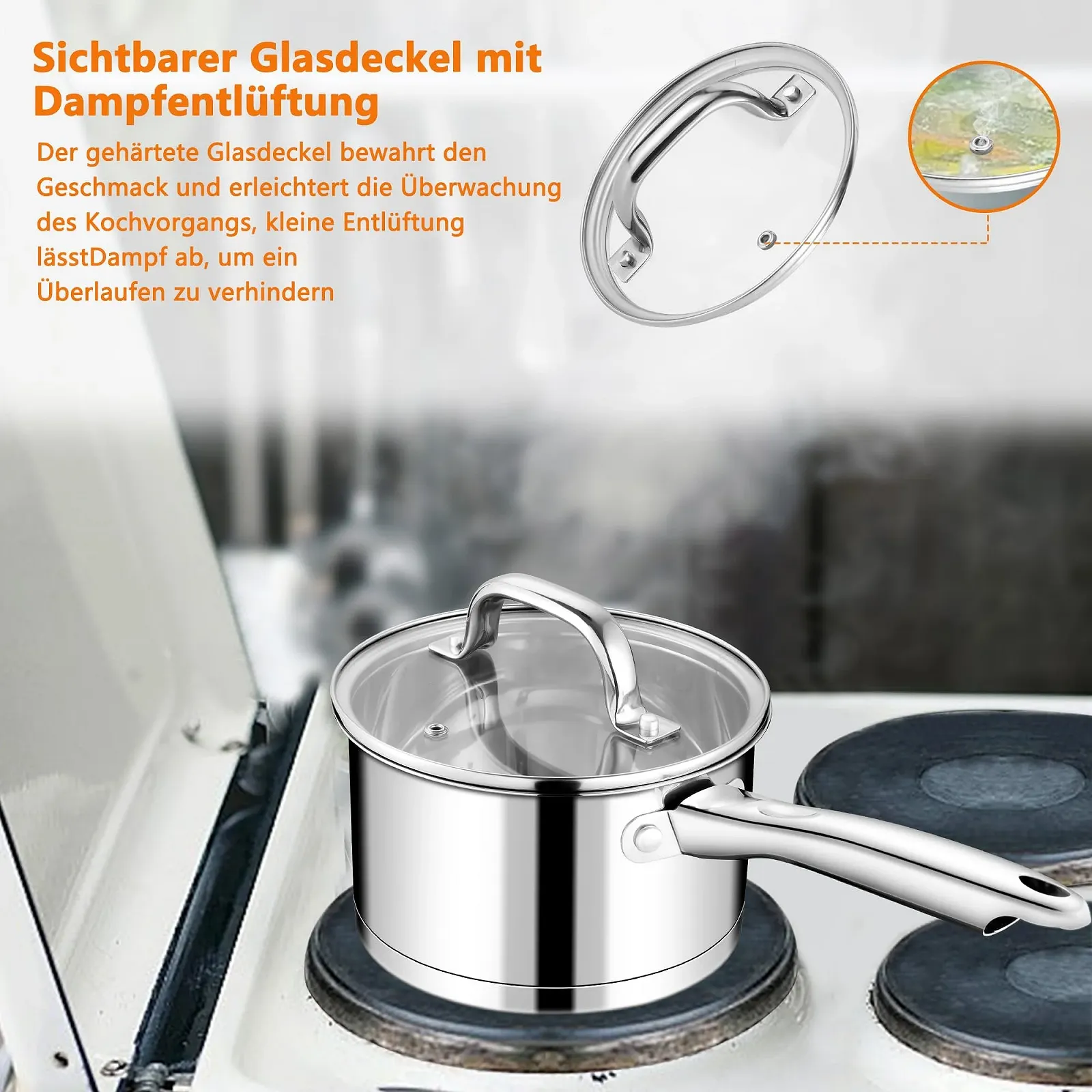 Кастрюля TEAMFAR Малая из нержавеющей стали для молока 14 см Индукционная со стеклянной крышкой 3-слойное дно для всех плит 0.9 л, фото №6