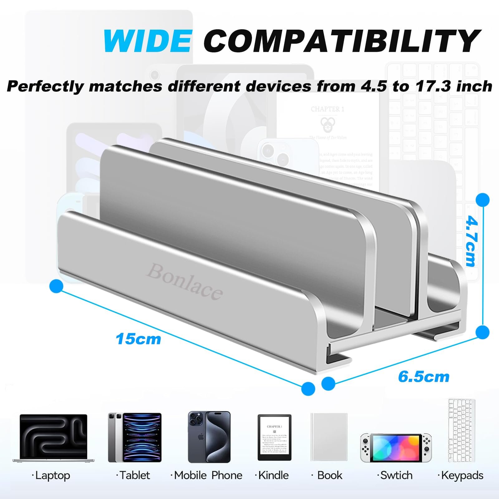 Вертикальный держатель для ноутбука Sander, 3-в-1, регулируемая подставка для ноутбука, органайзер для стола, из алюминия, совместим с MacBook Pro Air, планшетами, смартфонами, фото №5