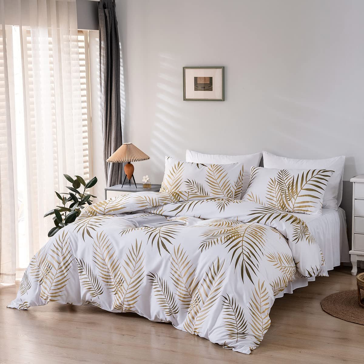 Постільна білизна Damier 200 x 220 см, Золотий, Білий, Малюнок Листя, Набір підковдри з 3 предметів, М'яка мікрофібра, Прихована блискавка та 2 наволочки 80 x 80 см, Мотив Листя, фото №2
