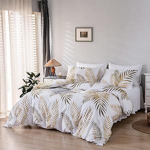 Постільна білизна Damier 200 x 220 см, Золотий, Білий, Малюнок Листя, Набір підковдри з 3 предметів, М'яка мікрофібра, Прихована блискавка та 2 наволочки 80 x 80 см, Мотив Листя synthetic.ua - Фото 1