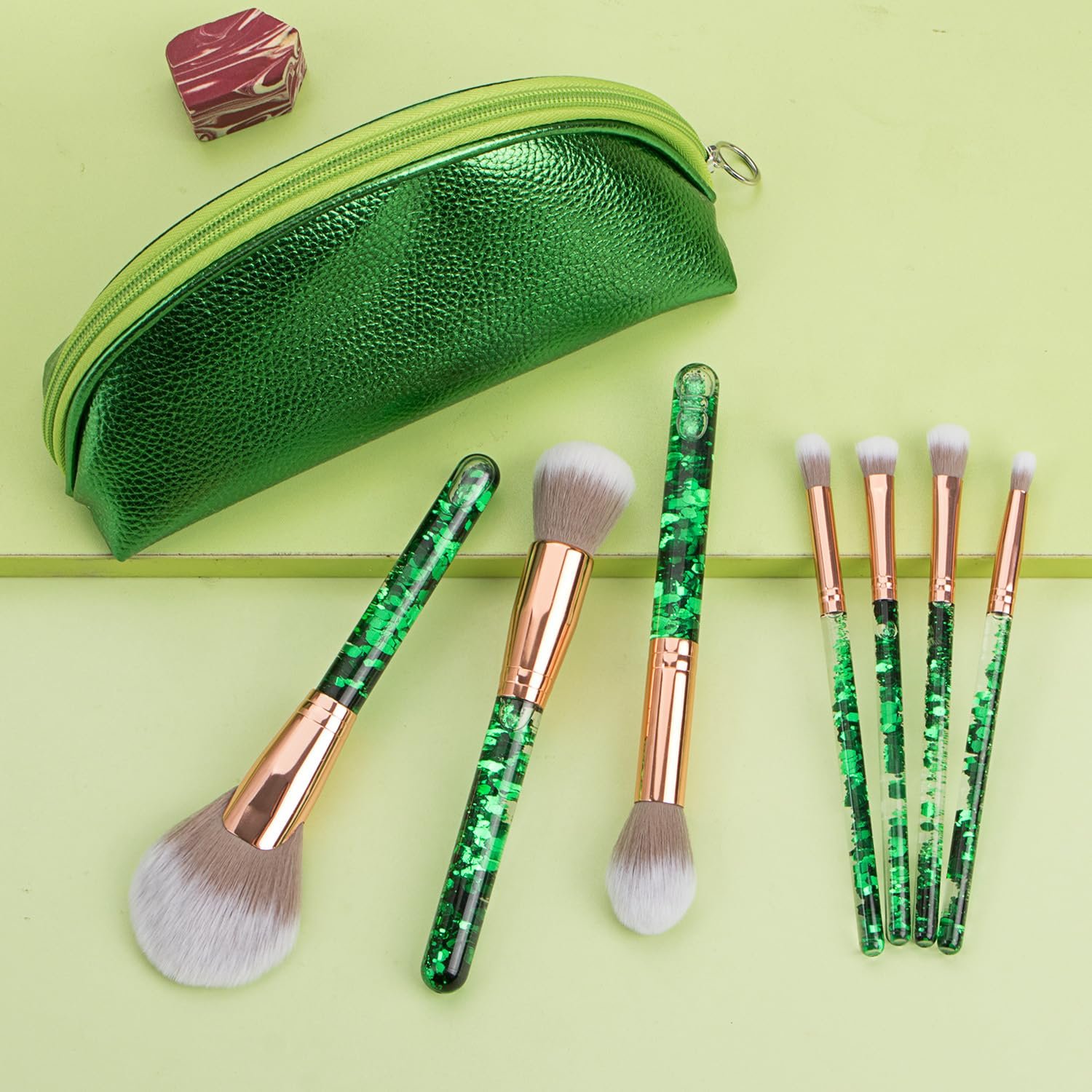Набір кистей для макіяжу Fashion 7 шт. Matcha Green з косметичкою для змішування пудри, для очей, обличчя, кисті з блискітками, набір інструментів для макіяжу, кисті з кришталевою ручкою, фото №2