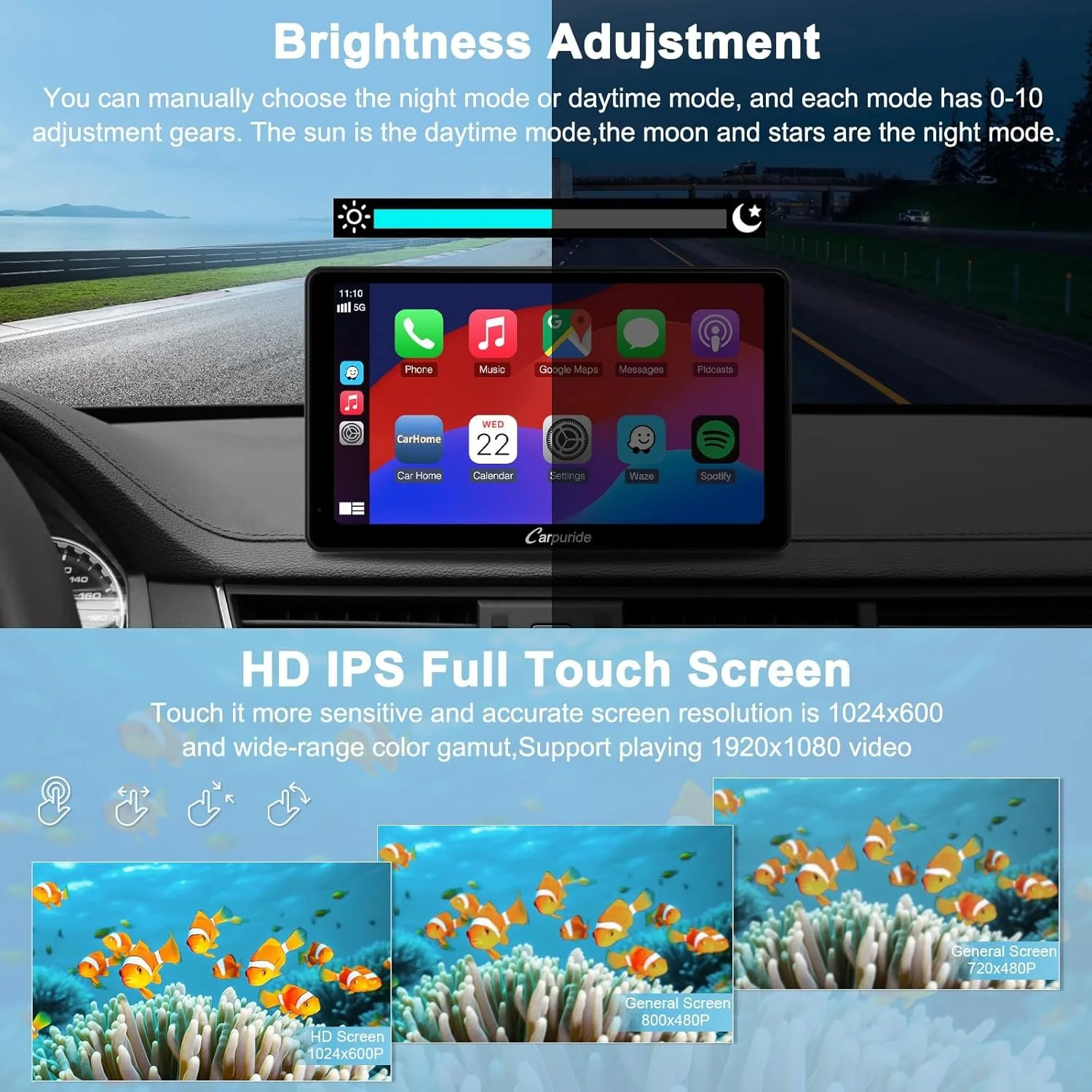 Автомагнітола CARPURIDE C3 / 7" / Сенсорна / Apple CarPlay / Android Auto / Bluetooth / WI-FI / GPS / USB / AUX, фото №3