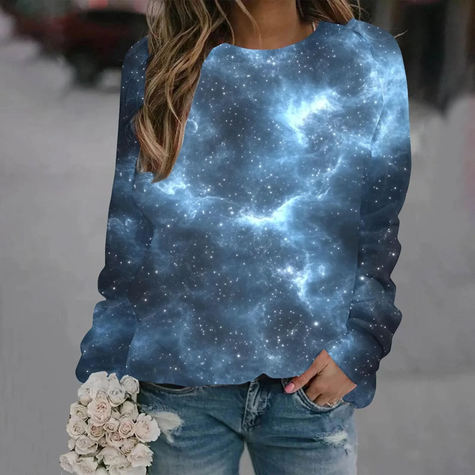 Лонгслив Komiseup Galaxy Женский, длинный рукав, круглый вырез, без капюшона, 3D принт галактики, большие размеры, Streetwear, фото №2