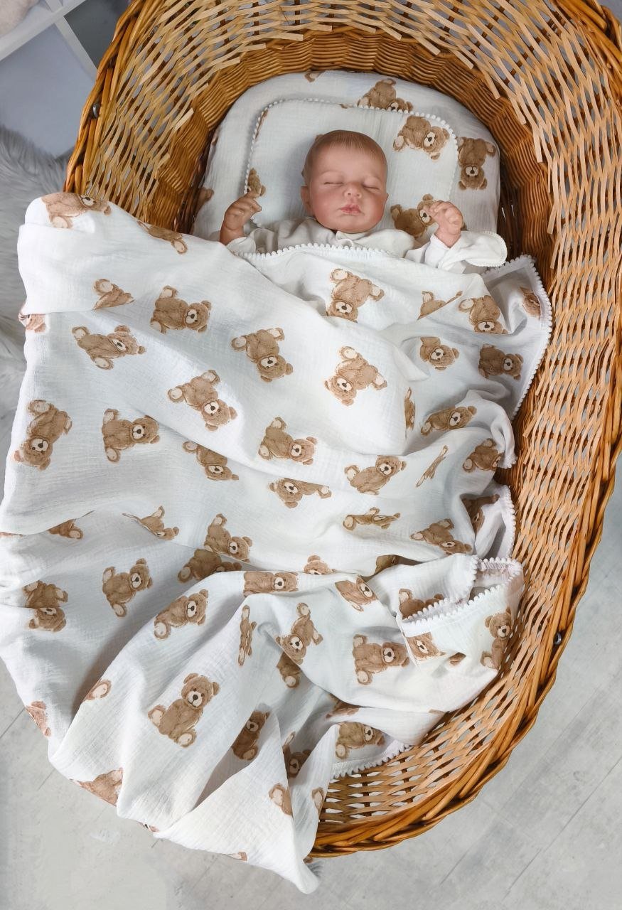 Муслиновый комплект в коляску, люльку: плед, простынь и подушка Тедди, фото №1