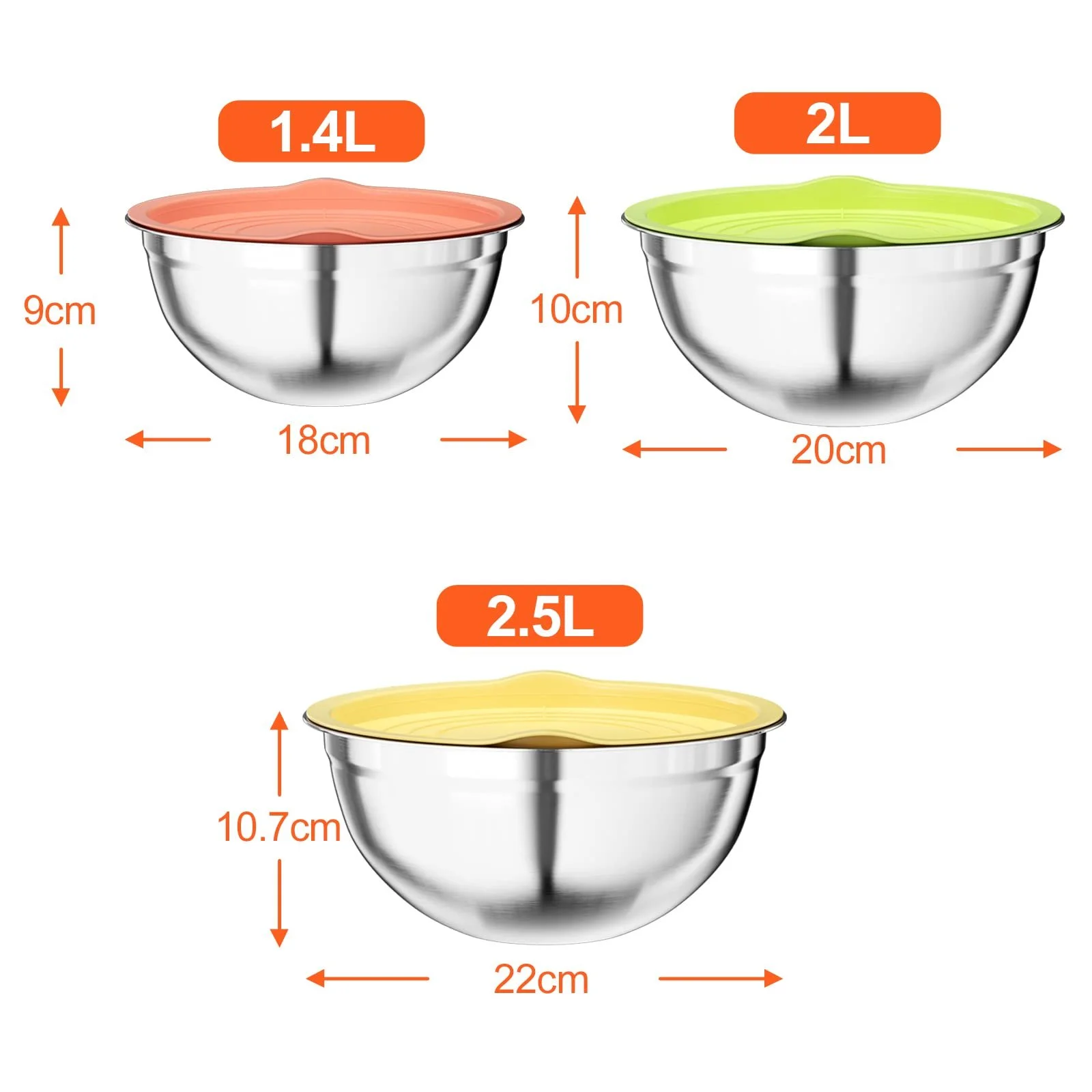 Набор мисок для смешивания Newpop 3 шт 2.5 L / 2 L / 1.4 L нержавеющая сталь, фото №2