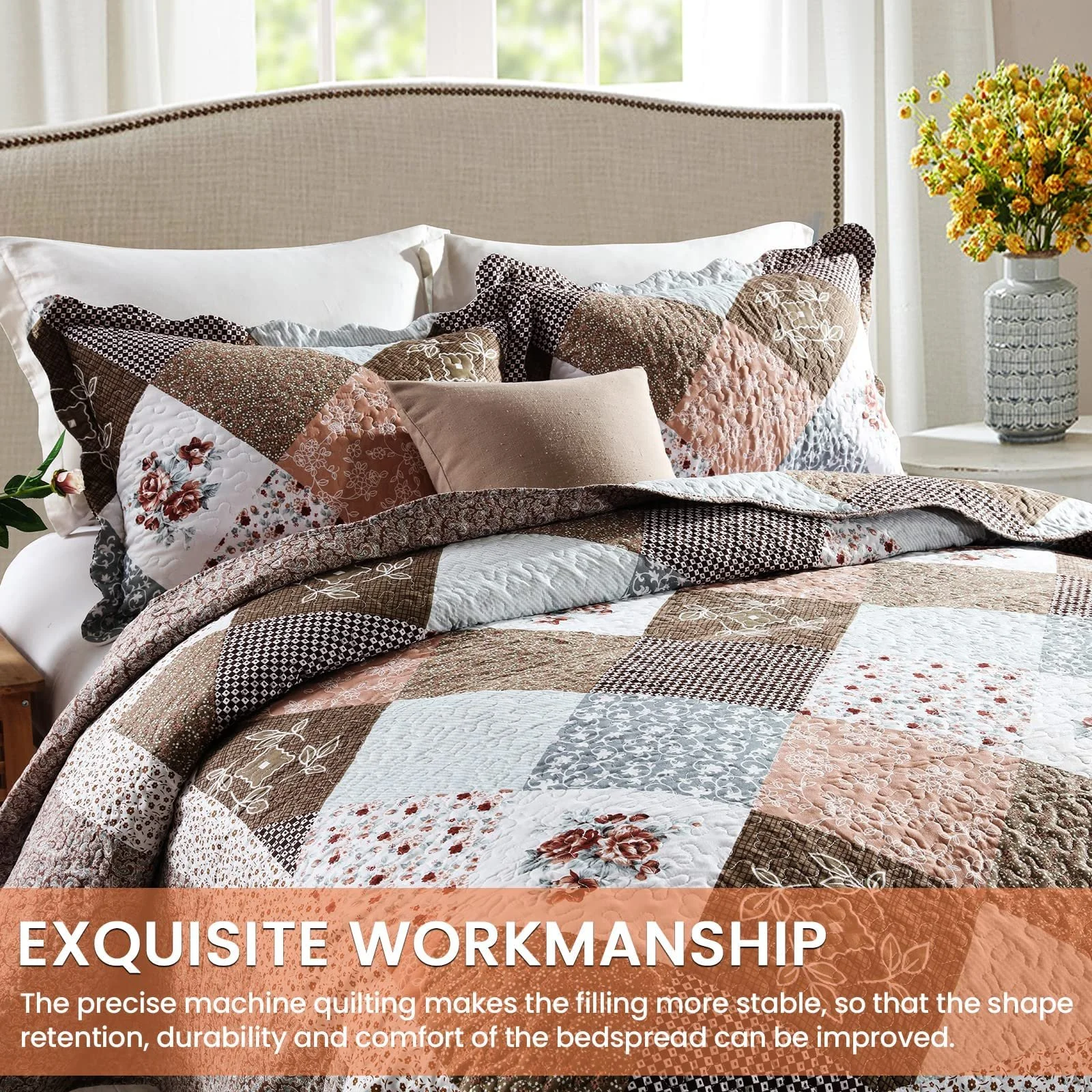 Покрывало стеганое Qucover Пэчворк 240 x 260 см, Покрывало на кровать 250 x 270 см Для двуспальной кровати, Зимний комплект, полиэстер, 2 наволочки 50 x 90 см, двухстороннее, фото №2
