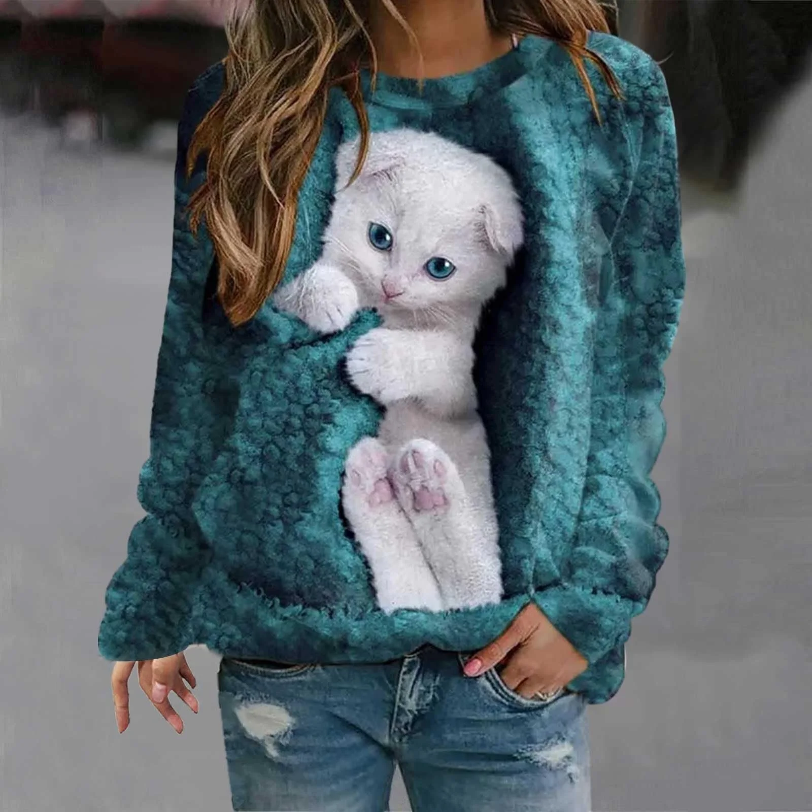 Свитшот с принтом котенка, свободный крой, удобный, модный, графический пуловер, круглый вырез горловины, милое животное, повседневный, с длинными рукавами, топы, женский, Workou, готический, модный, классный, фото №2