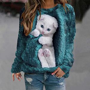 Женский свитшот с принтом котенка, свободный крой, милый, повседневный, круглый вырез, длинный рукав, с графикой животных, осенний, удобный, классный, Y2K, модный, однотонный, трендовый synthetic.ua - Фото 1