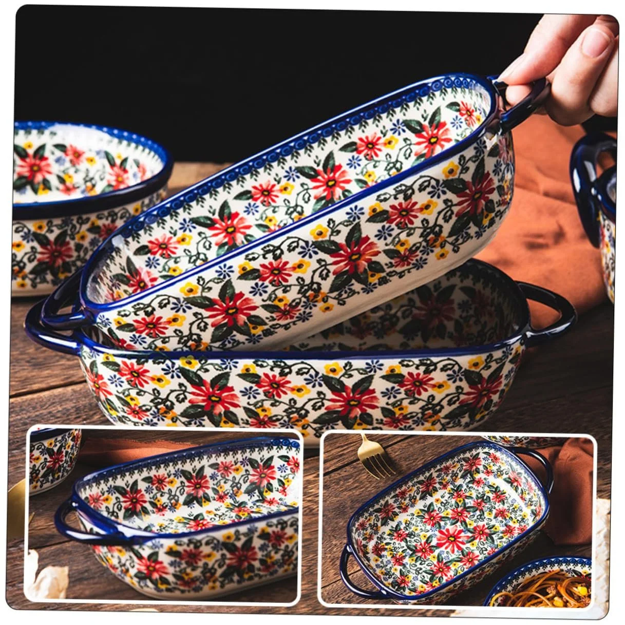 Керамическая форма для выпекания Прямоугольная кастрюля-сотейник с двойными ручками Эргономичная функция подогрева Польский дизайн, фото №3