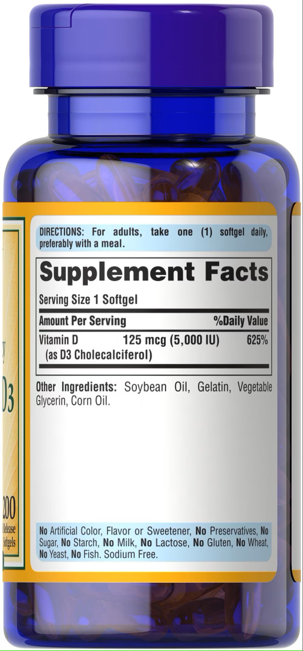 Витамин D3 Puritan's Pride Vitamin 5000iu 200 Softgels, фото №2