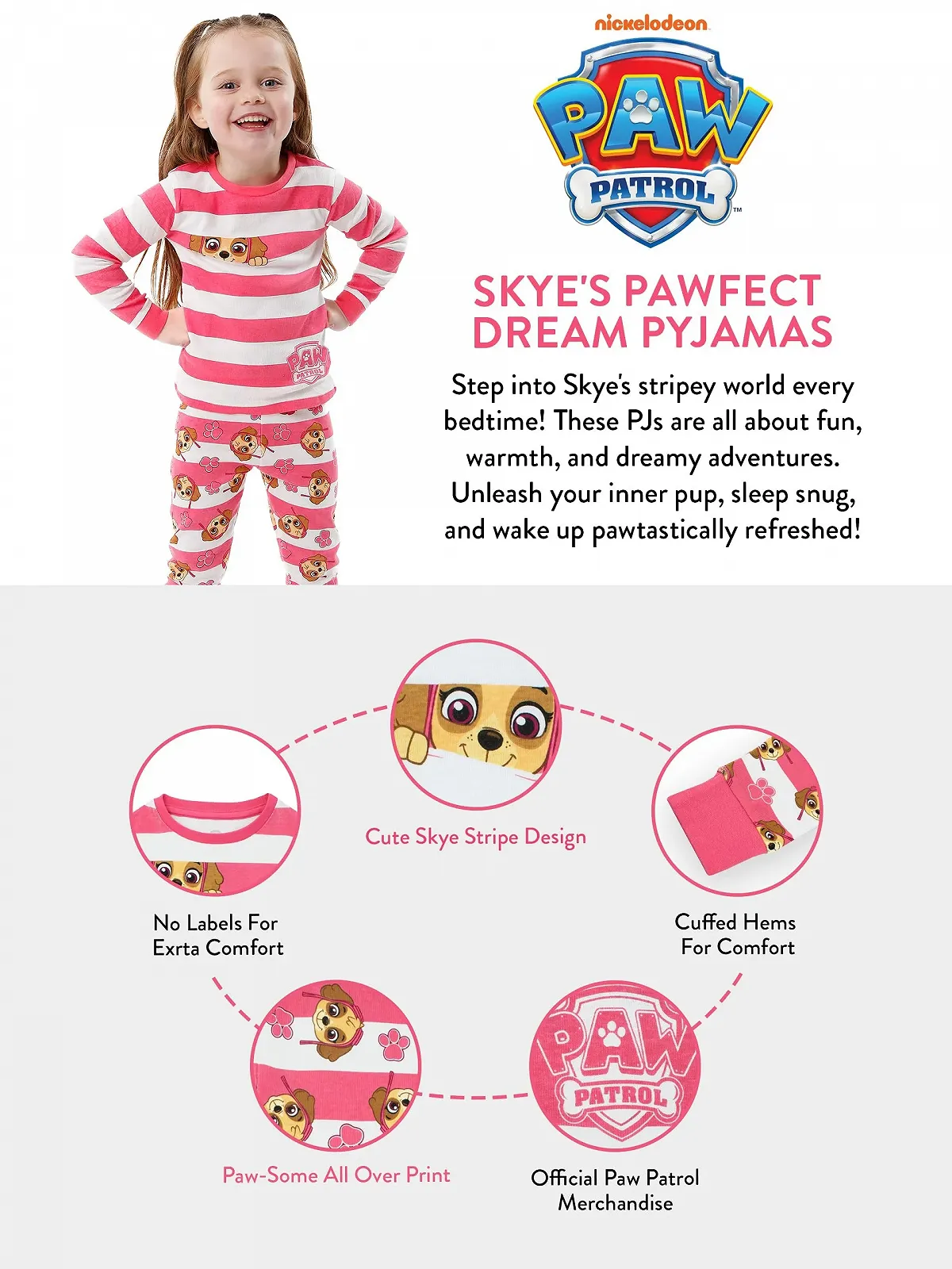 Пижама PAW PATROL для девочек Slim Fit Skye в полоску, фото №4 Пижама PAW PATROL для девочек Slim Fit Skye в полоску, фото №4