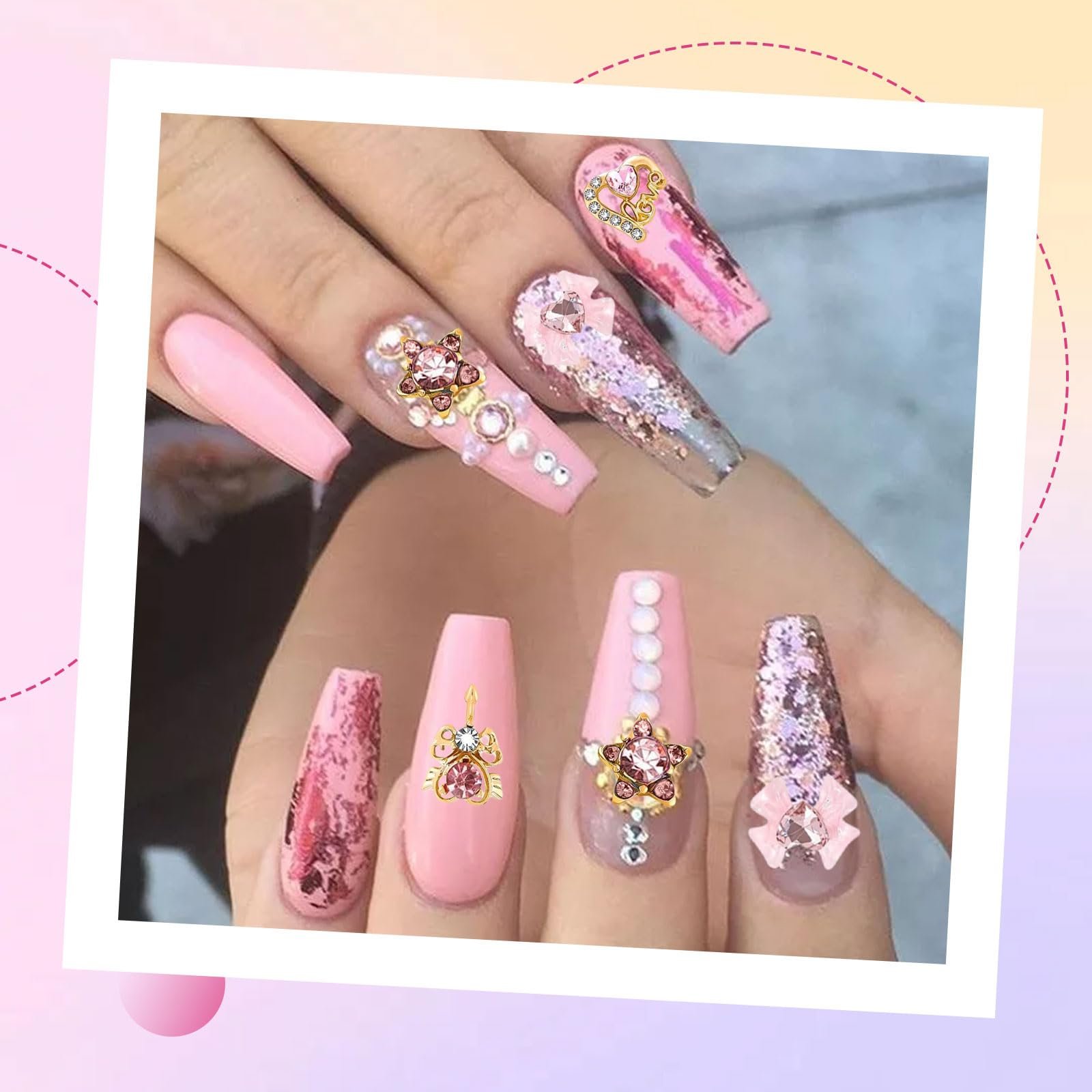 Набір прикрас для нігтів VelvetGlow Прикраса для нігтів Серце, Зірка, Тюльпани, Вишня, 3D Алюміній Y2K, Самоцвіти, Стрази, Блискучі, фото №7