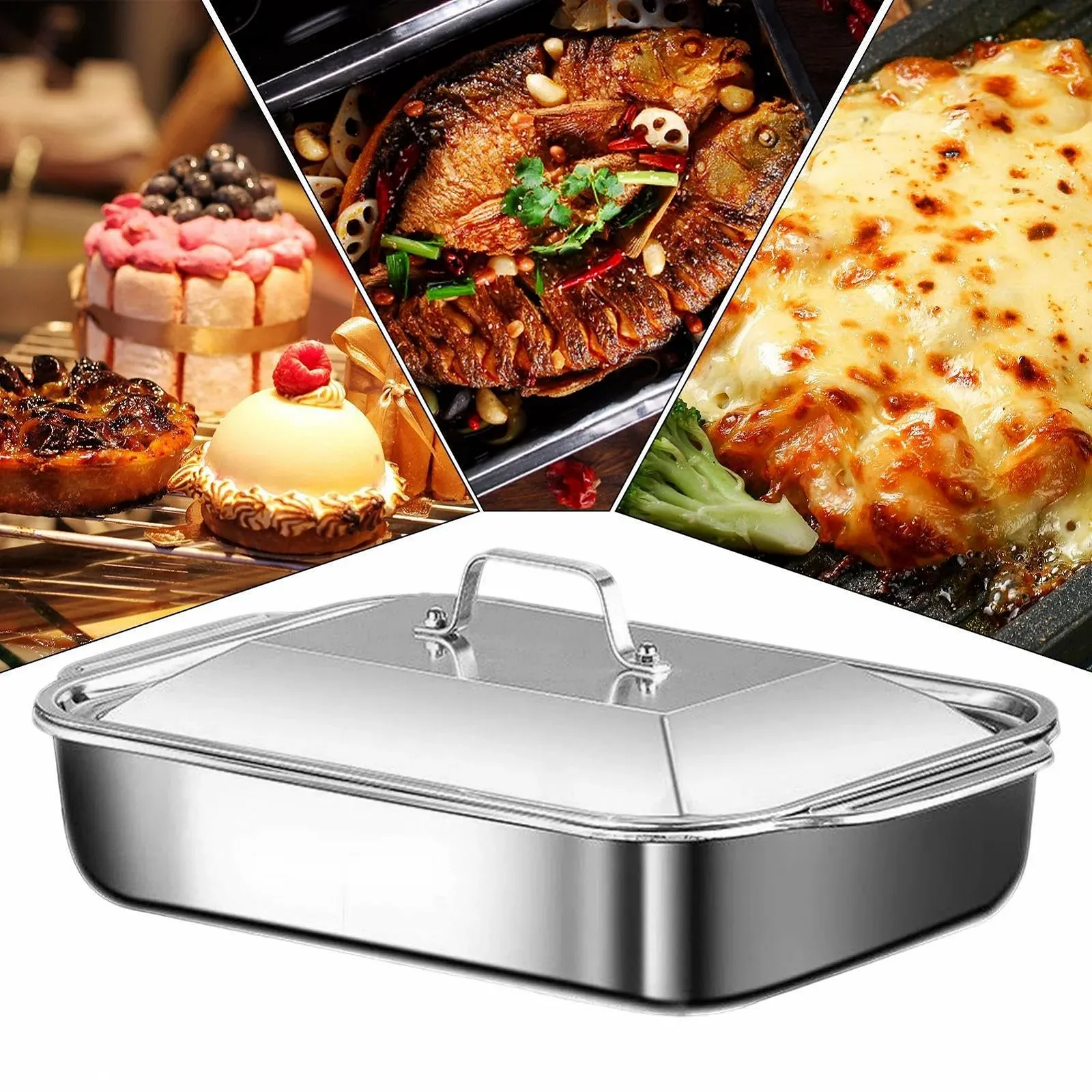 Форма для выпечки из нержавеющей стали с крышкой и ручками для лазаньи и пиццы, фото №4
