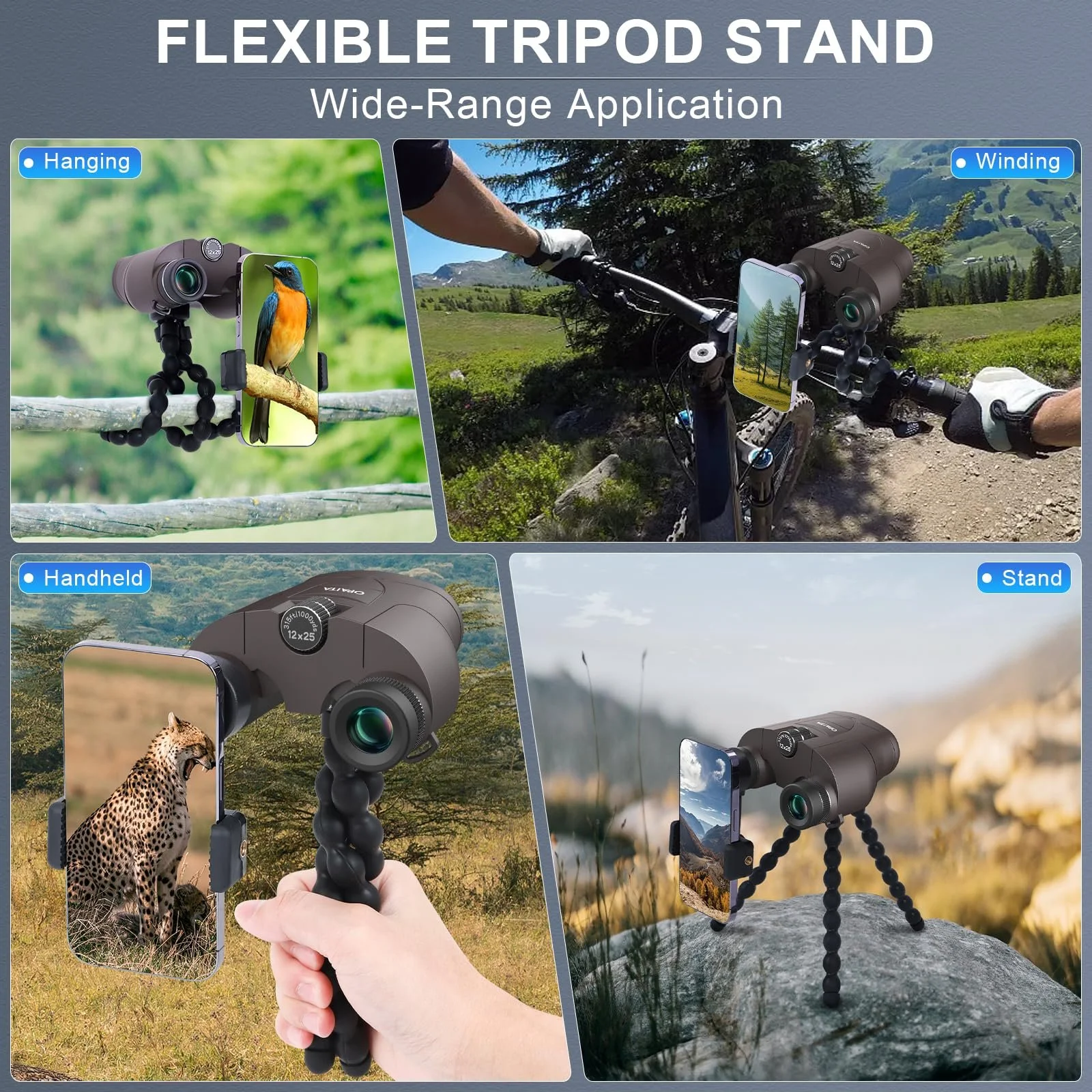 Бінокль Ultra HD 12x25 з адаптером для смартфона та штативом сірий, фото №5