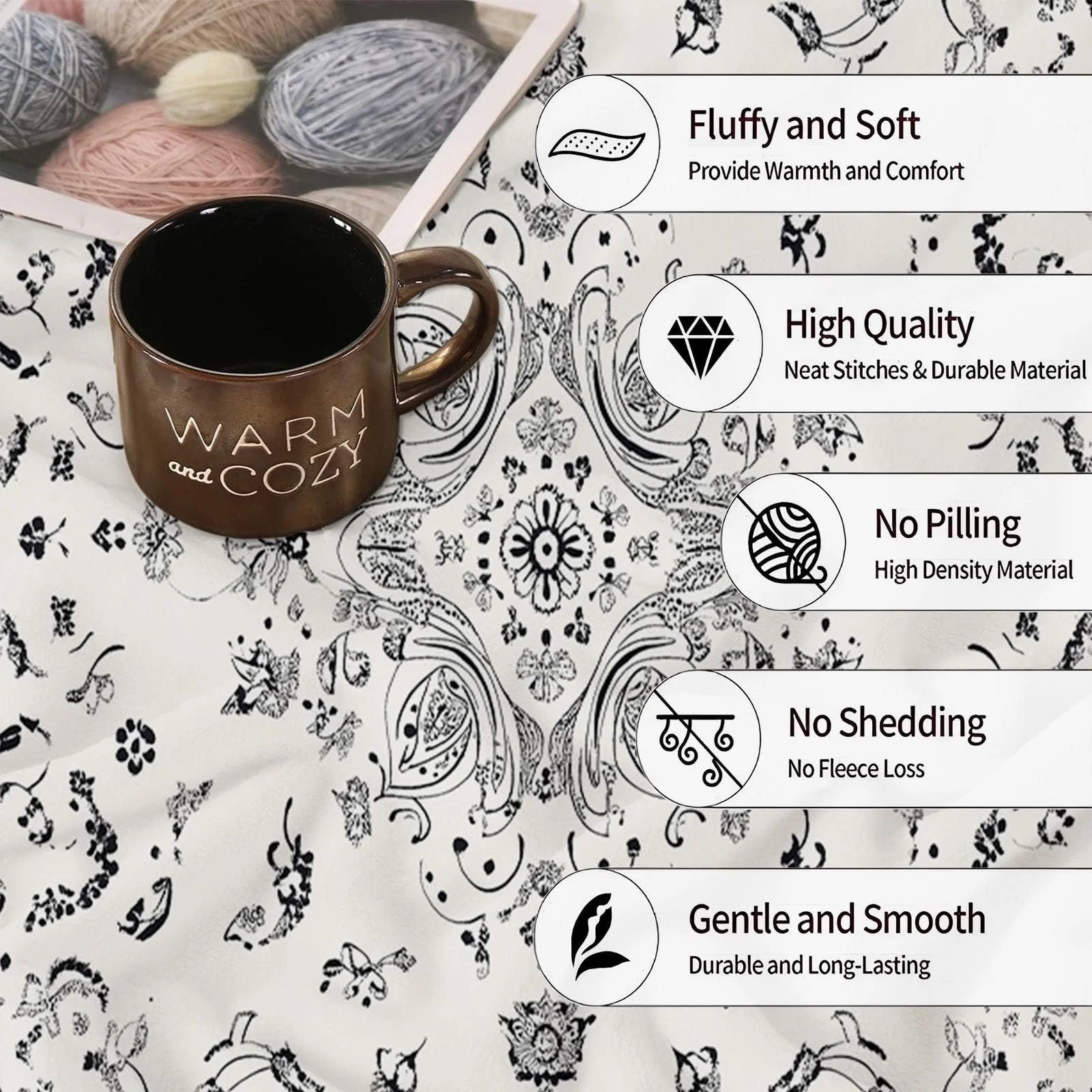 Фланелевое одеяло Paisley Bandana Flowers 3D Printed Черно-белый 180 x 220 см, фото №6