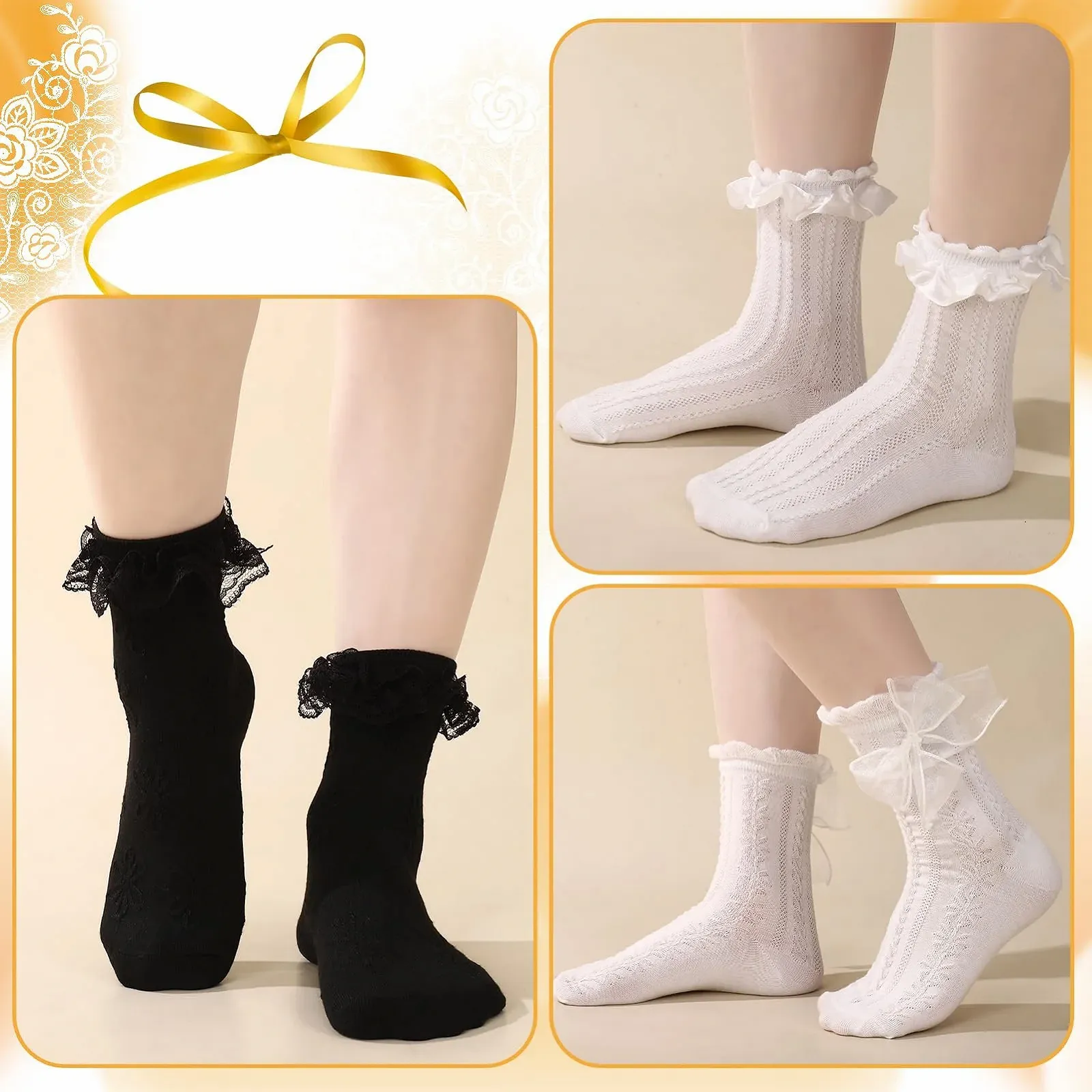 Шкарпетки Жіночі Традиційні 6 пар Чорний Білий З рюшами, фото №5