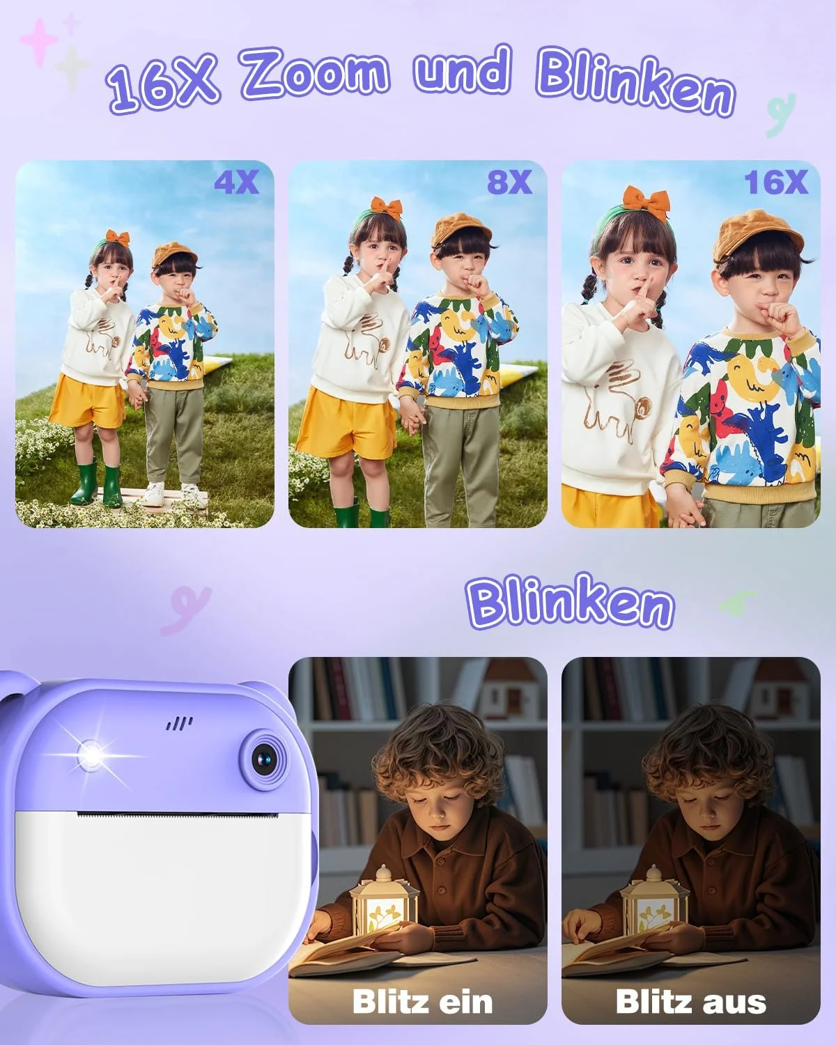 Детская камера мгновенной печати 1080P Dual Lens 2 дюйма 32GB Фиолетовая, фото №4