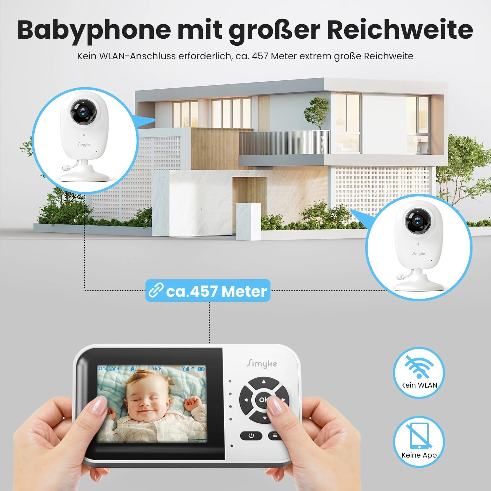 Видеоняня Simyke Smart BabyMonitor 1080p 2 камеры WiFi 2.4 GHz 300 м датчик температуры 2500 мАч, фото №4 Видеоняня Simyke Smart BabyMonitor 1080p 2 камеры WiFi 2.4 GHz 300 м датчик температуры 2500 мАч, фото №4