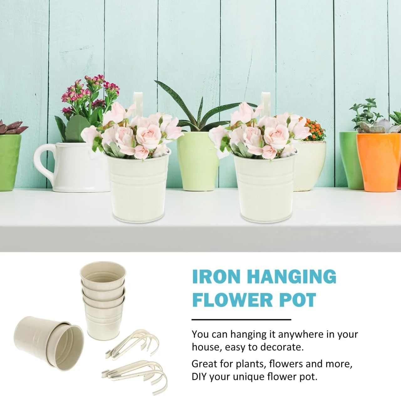 Підвісний квітковий горщик Cabilock Залізний зі знімним гачком та дренажним отвором 4 дюйми, фото №3