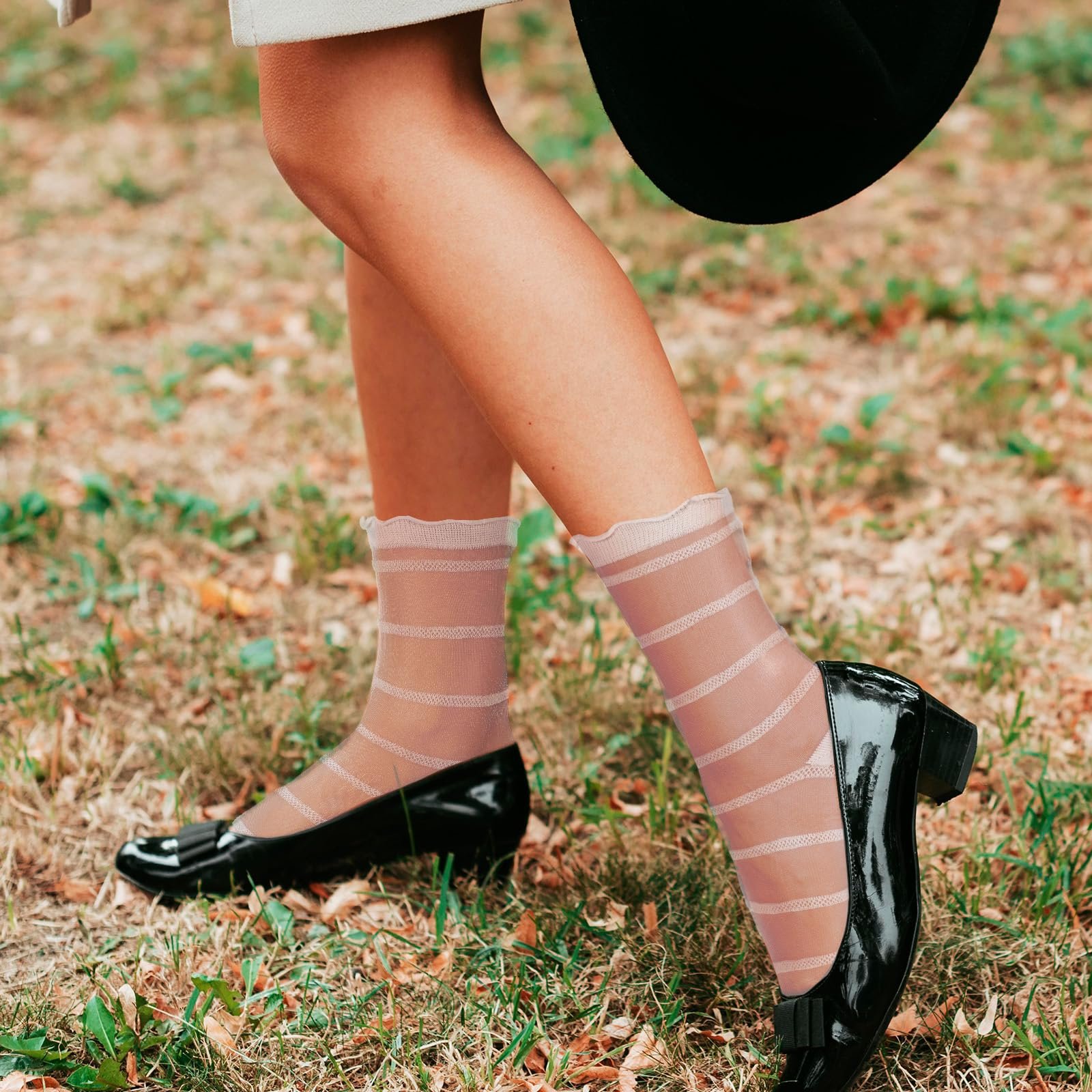 Прозрачные носки 4 пары Кружевные короткие носки Женские ультратонкие сетчатые летние носки до икры для девушек-женщин Универсальный размер Белый + Черный, фото №4