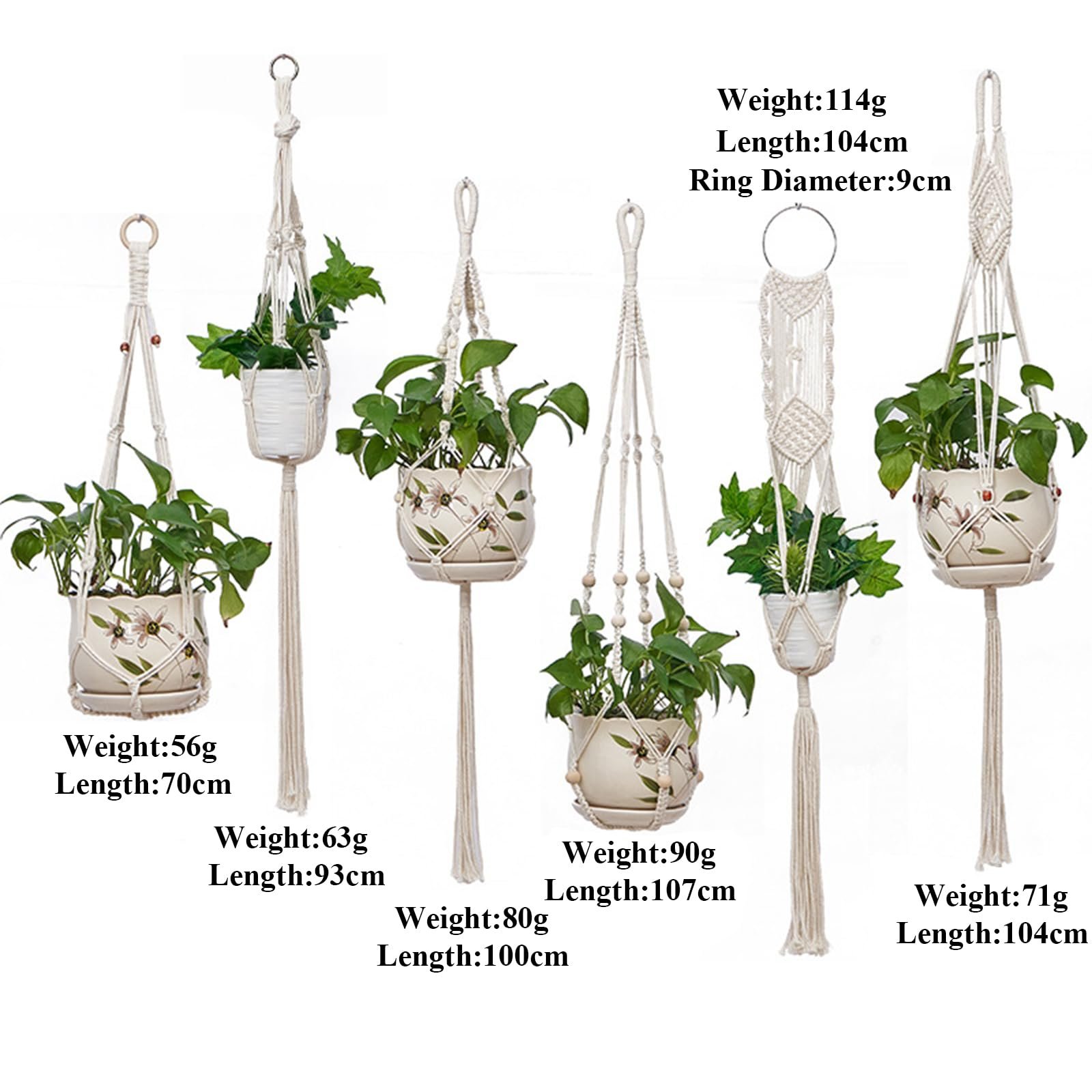 Кошик підвісний макраме Бавовняна мотузка Підвісний горщик Набір 6 штук, фото №2
