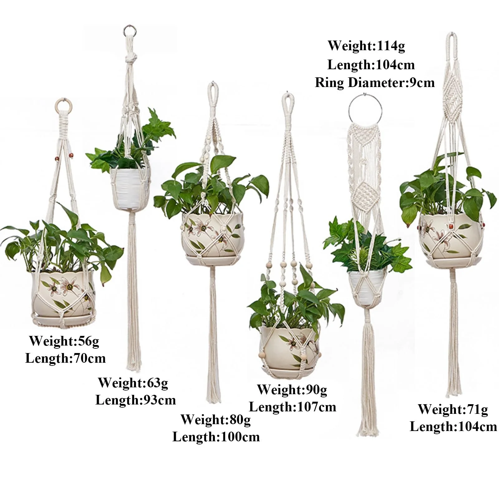 Корзина подвесная макраме Хлопковая веревка Подвесной горшок Набор 6 штук, фото №2