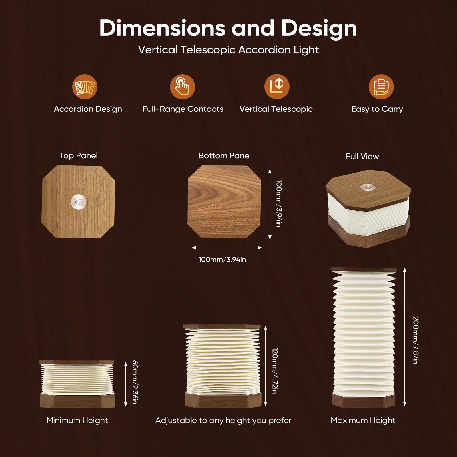 Настільна лампа Акордеон Переносна Регульована висота USB Димер Горіхове дерево, фото №8
