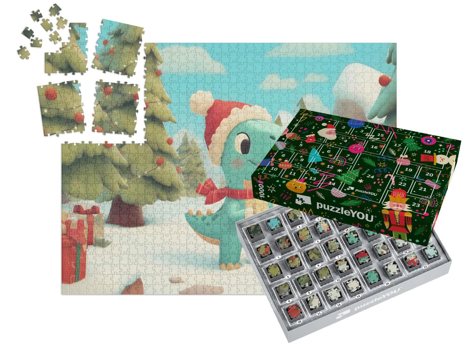 Пазл-адвент-календарь puzzleYOU Маленький динозавр Рождественский гном 1000 элементов, фото №1