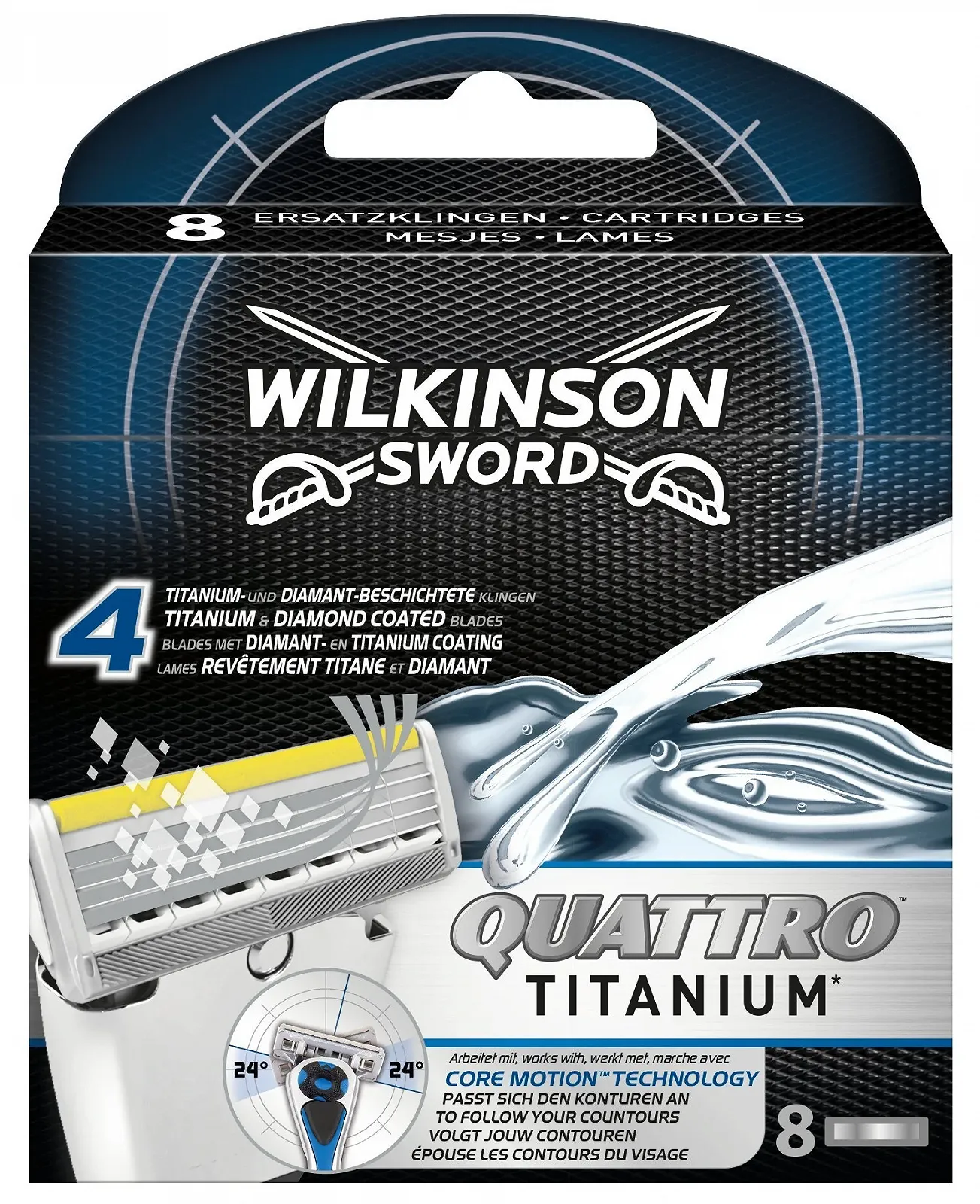 Сменные лезвия Wilkinson Sword Quattro Titanium Core Motion 7001097D 8 штук, фото №1 Сменные лезвия Wilkinson Sword Quattro Titanium Core Motion 7001097D 8 штук, фото №1