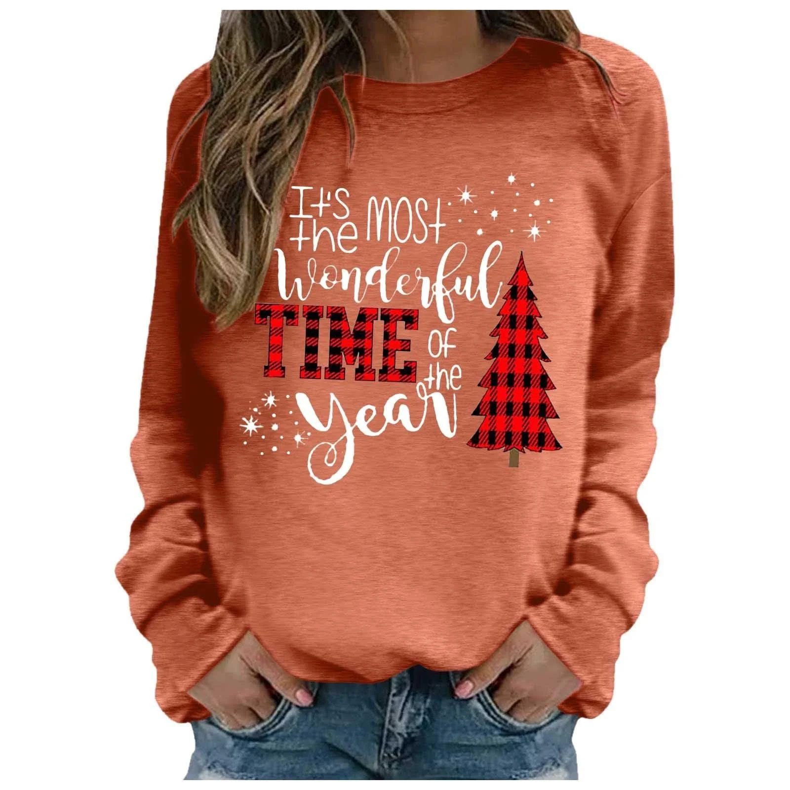 Жіночий Cвітшот Різдвяний светр З круглим вирізом З довгими рукавами Теплий зимовий верх, фото №1