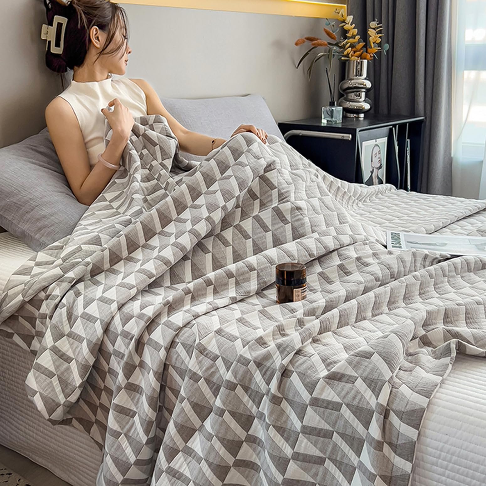 Одеяло LGYKUMEG Легкое Летнее, Мягкое и Дышащее Покрывало, 3-слойное Теплое Одеяло, Сделано из Мягкого Хлопка, Коричневое, 180 см x 220 см, фото №6