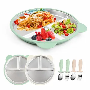 Набір дитячого посуду з нержавіючої сталі (2 шт) з присоскою, тарілки, ложки, виделки зі знімним силіконовим чохлом для дітей - Фото 1
