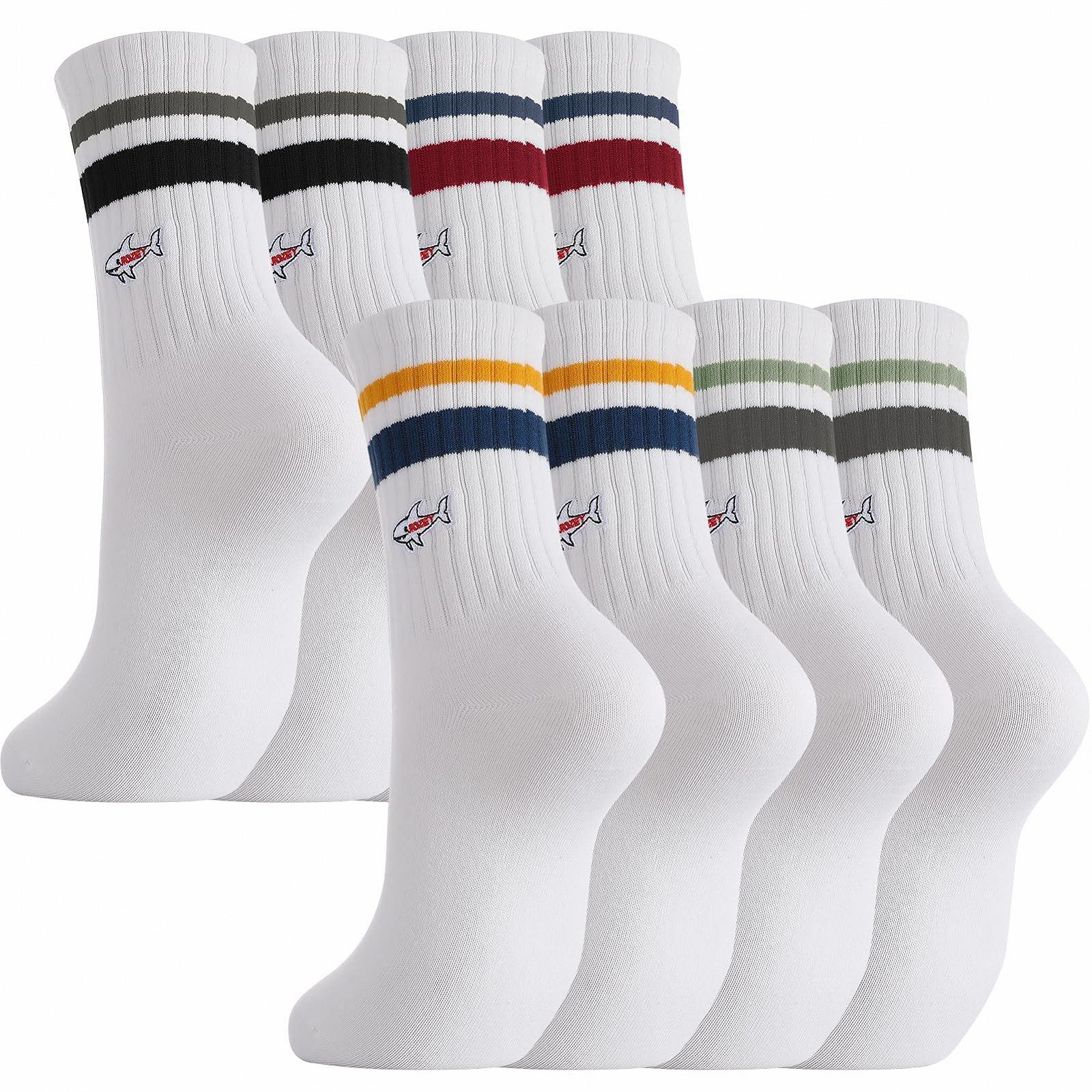 Теннисные носки с вышивкой, 4 пары, забавные носки с мотивом, 39-43, хлопковые белые спортивные носки в полоску с вышивкой акулы, подарки для мужчин и женщин, фото №1