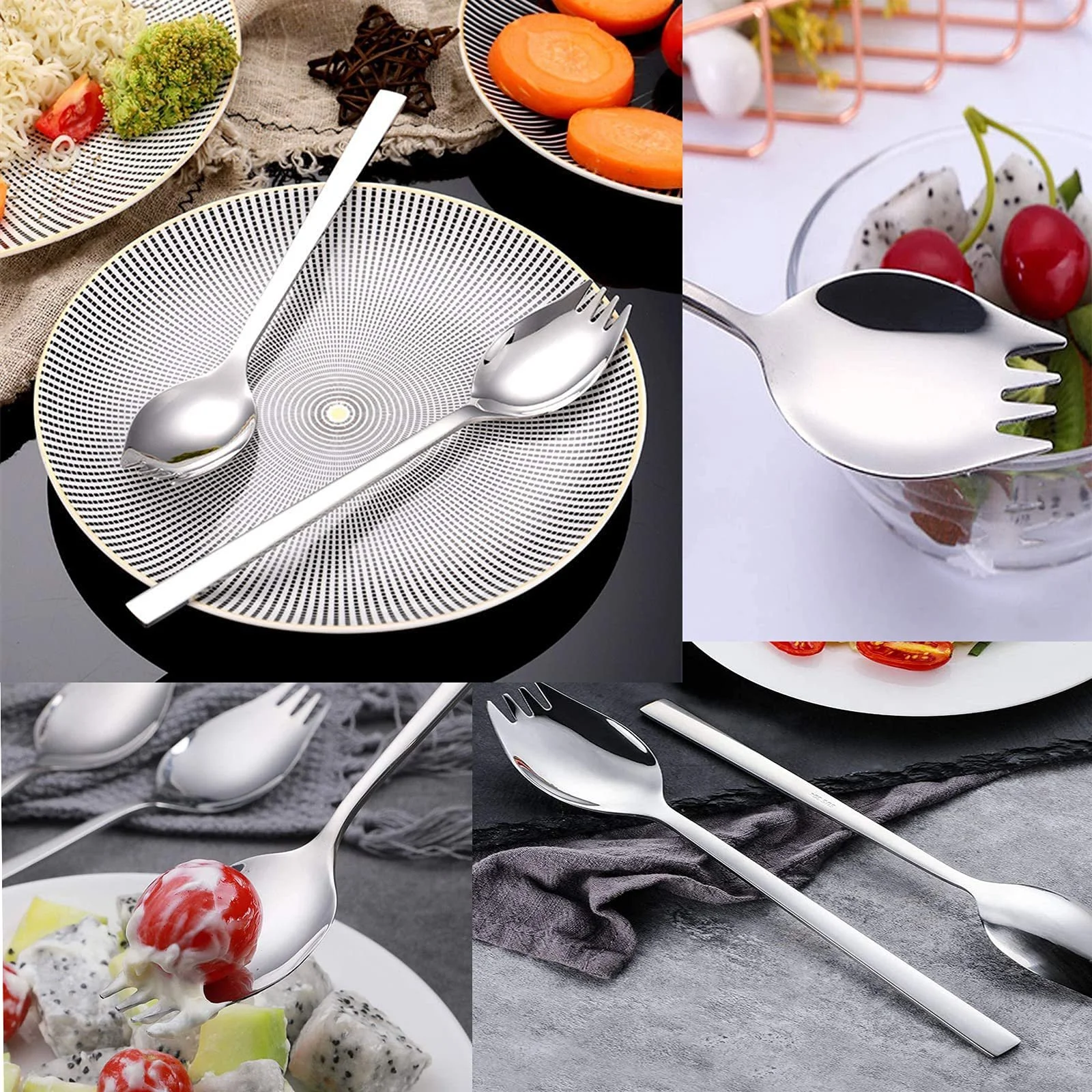 Вилка-ложка из нержавеющей стали 304, серебристая, набор 6 штук для ежедневного использования дома, для фруктов, закусок, десертов и салатов, фото №6